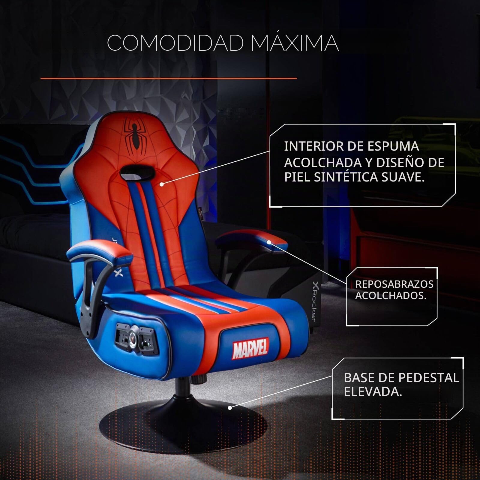X-Rocker Silla oficial de Marvel Spider-Man, pedestal de audio plegable con altavoces Bluetooth, vibración reactiva, asiento de juego para niños y jóvenes, edición Elite