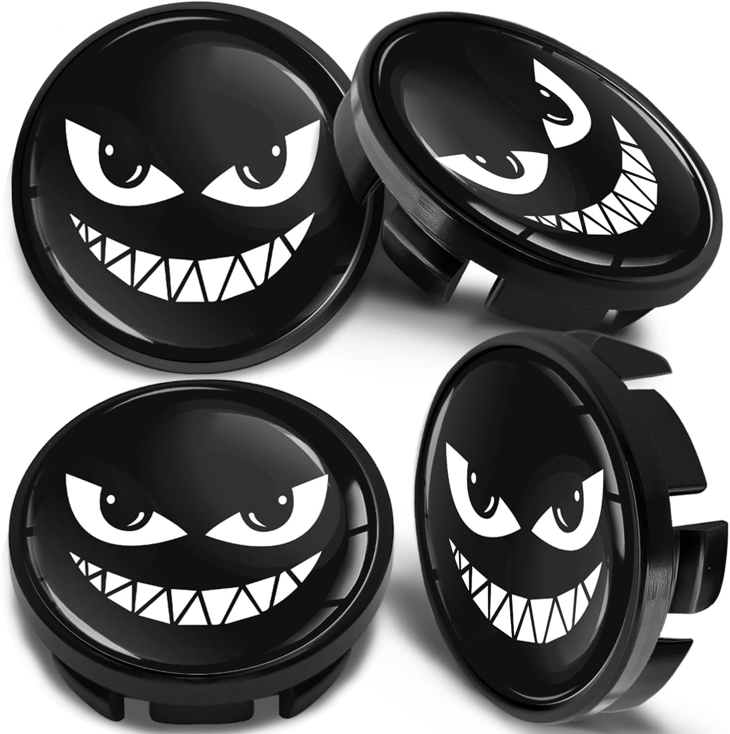 Biomar Labs 4 x 65 mm Wheel Centre Caps, Hub Caps Compatible With VW - 3B7601171 / 6U7 601 171 Alloy Wheels Cover Black Scary Smile CV 73
