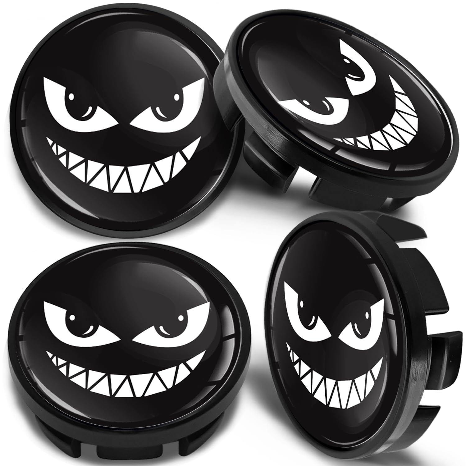Biomar Labs 4 x 65 mm Wheel Centre Caps, Hub Caps Compatible With VW - 3B7601171 / 6U7 601 171 Alloy Wheels Cover Black Scary Smile CV 73