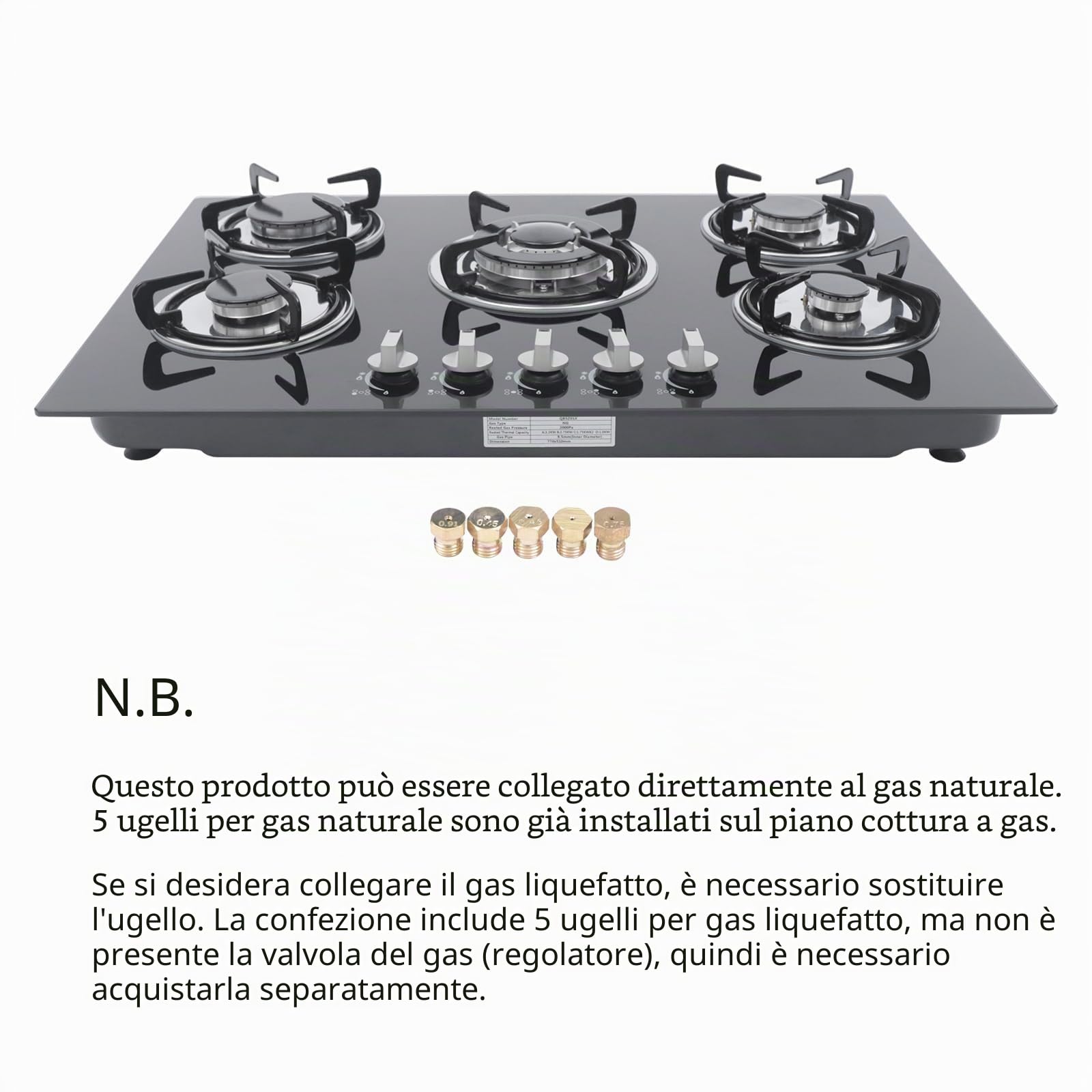 Piano cottura a gas, 5 fuochi, vetro di sicurezza con sensore di fiamma e accensione a batteria, piano cottura a gas, fornello a gas propano per abitazioni private o ristoranti (vetro a 5