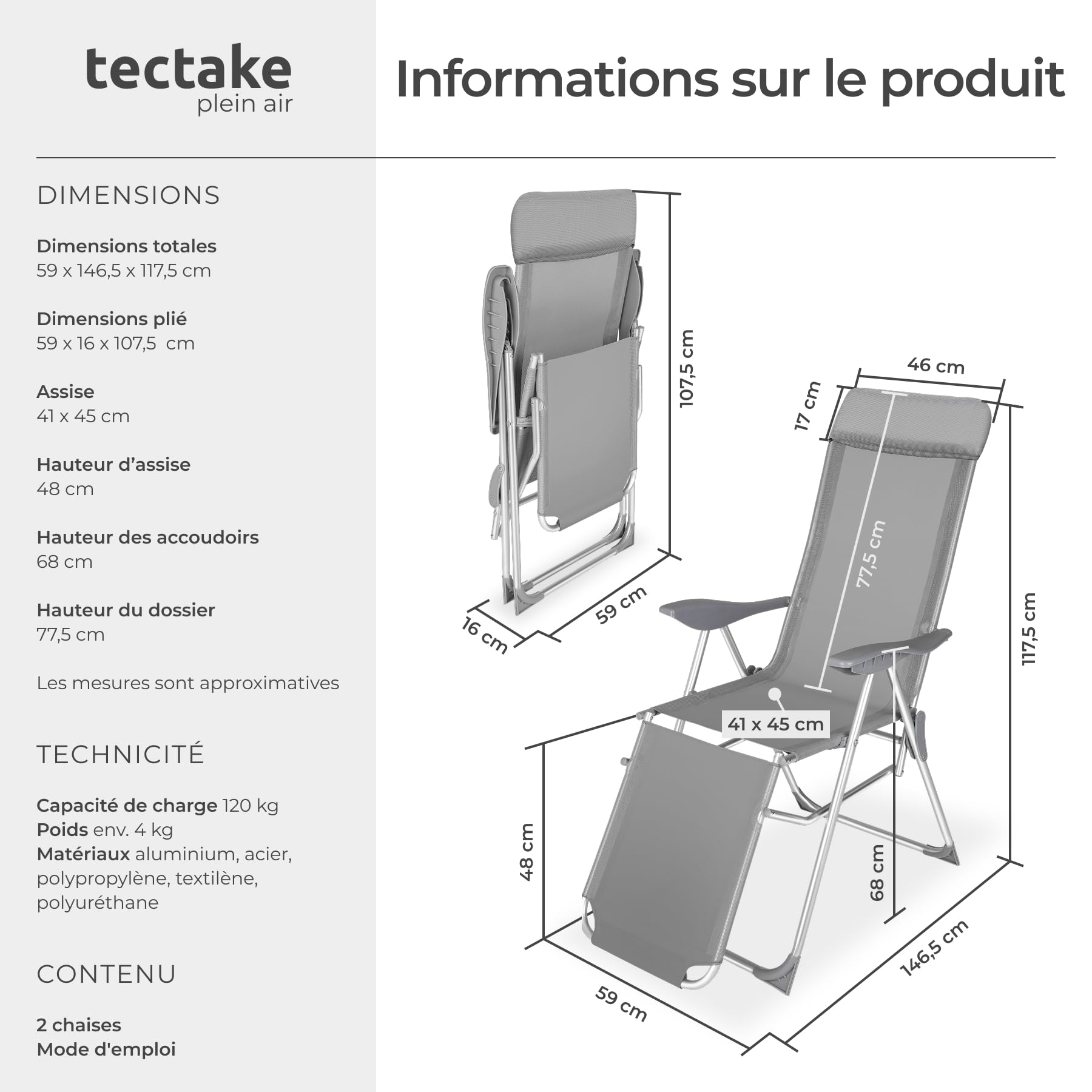 tectake® Lot de 2 Fauteuil de Jardin Chaise Longue Pliable avec Repose Pieds Accoudoirs, Appuie-tête Amovible Salon de Jardin Exterieur, Structure en Aluminium, Dossier Inclinable