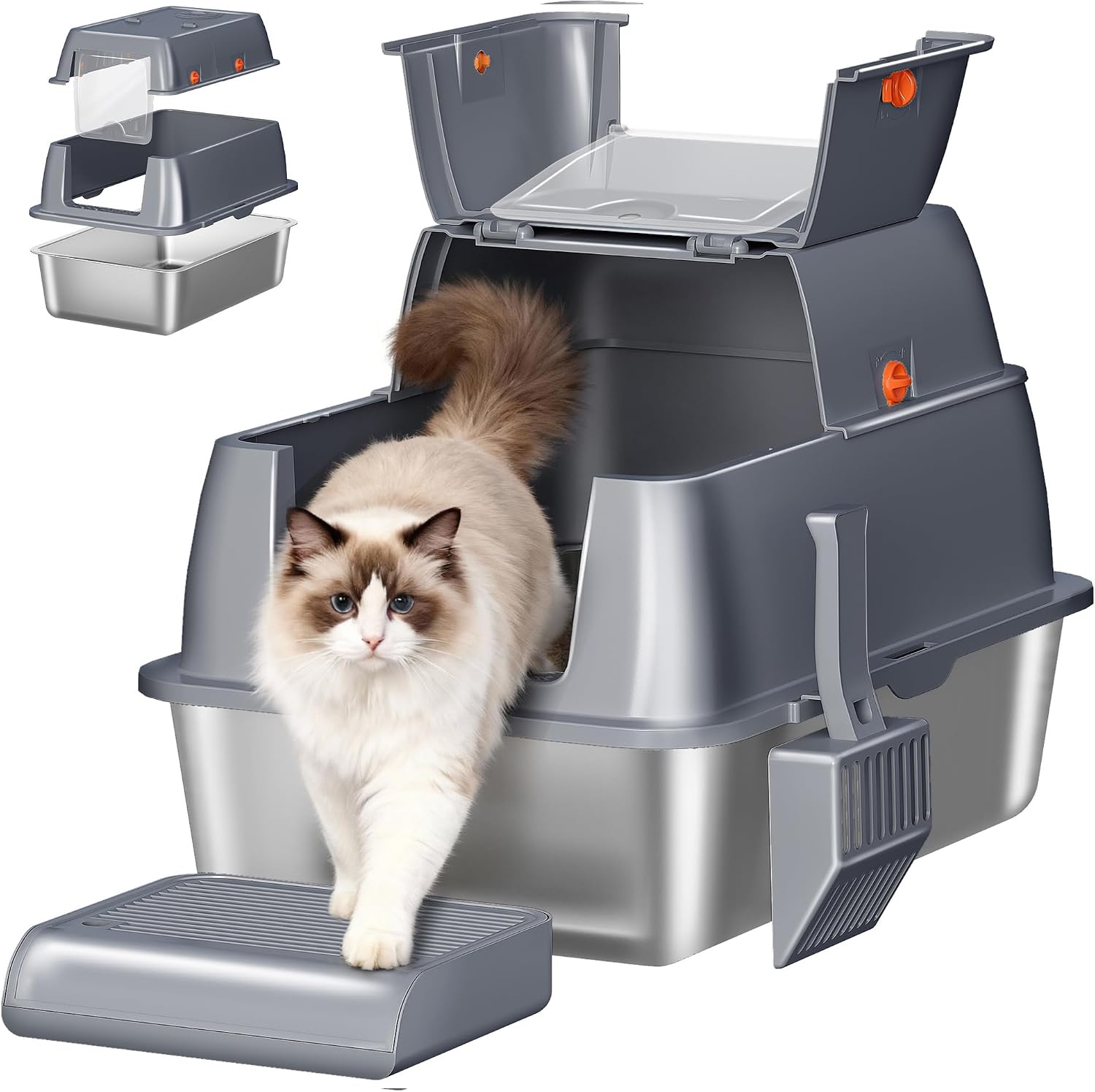 FPLB203SG2 Stainless Steel Cat Litter Tray with Lid, Closed Cat Litter Tray, 180° Hinged Lid, Includes Pedal and Scoop, Easy to Clean, Modular Design, 61 L x 41 W x 40 H, Dark Grey