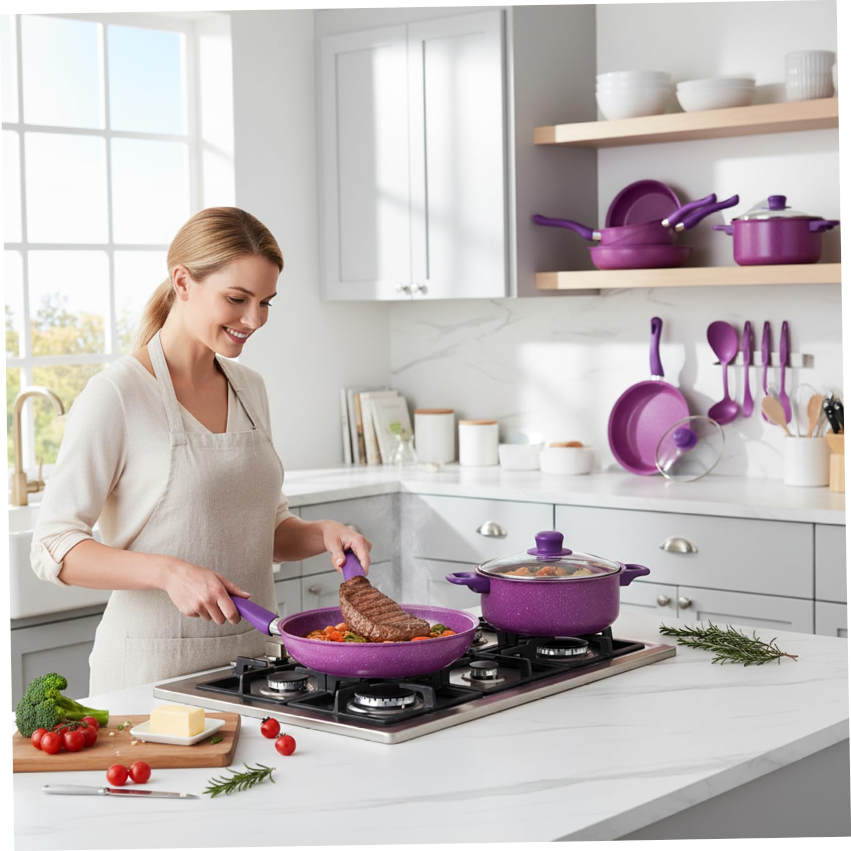 Set Di Pentole Antiaderenti, Set Di Pentole Antiaderenti Da 13 Pezzi, E Padelle Con Padella, Pentola Per Il Latte E Utensili Per La Cucina Casalinga, Viola..