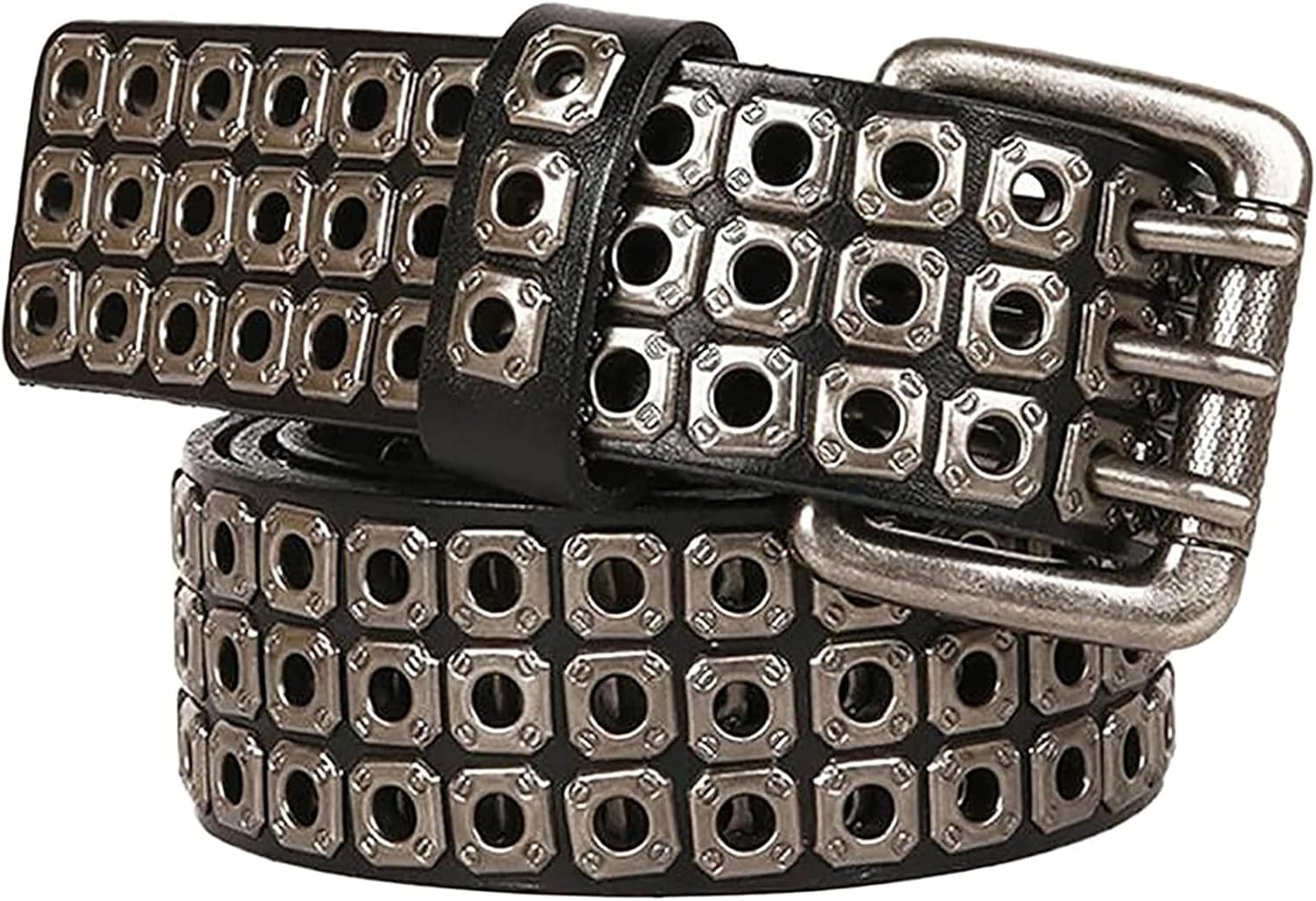 Tülle Nieten Gürtel Hohler Nietgurt Plus Größe 1 1/2" Breiter Extra Langer 41-59" Ledergürtel Mit Löchern 3 Zinken Schnalle, Black, 110cm/43