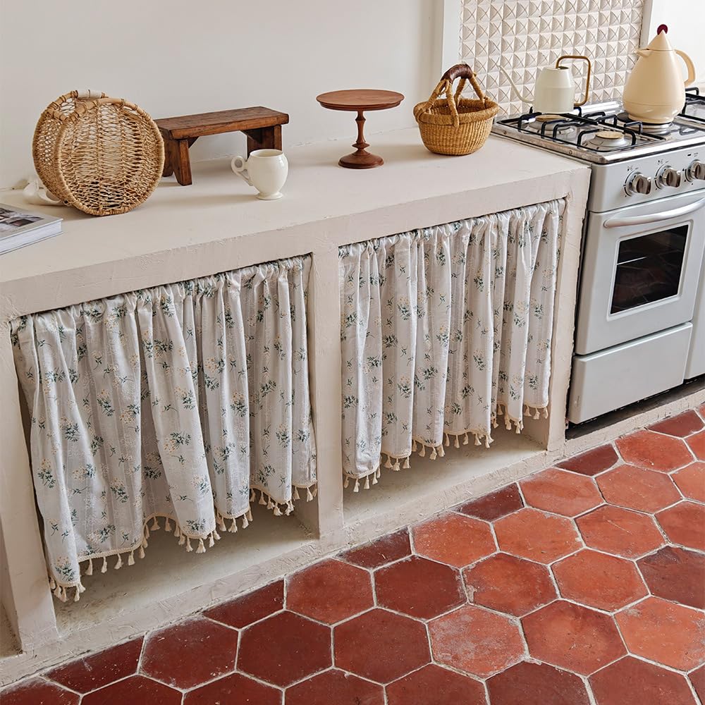 Cortina de cocina de lino floral con barra de 62-110 cm, 1 panel (140 x 260 cm, lila)
