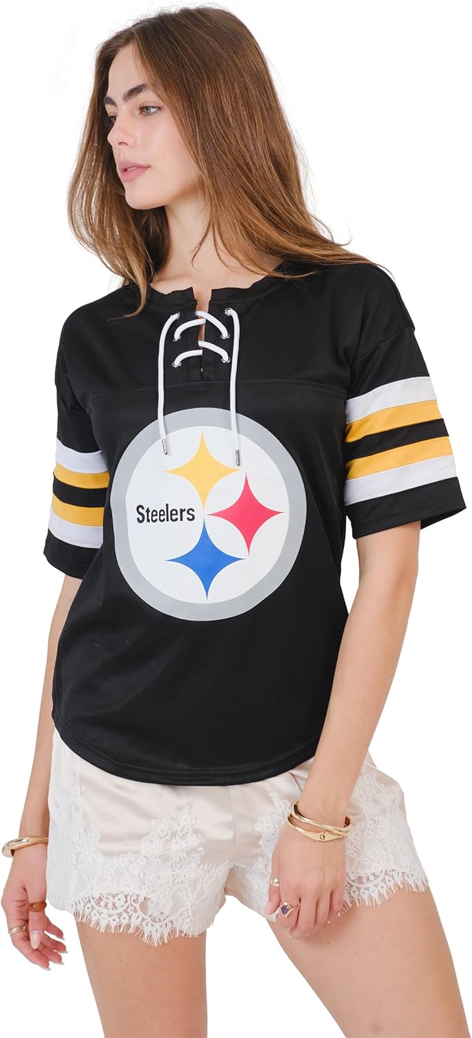 Ultra Game Women's NFL Official Lace Up Tee Shirt Penalty Box