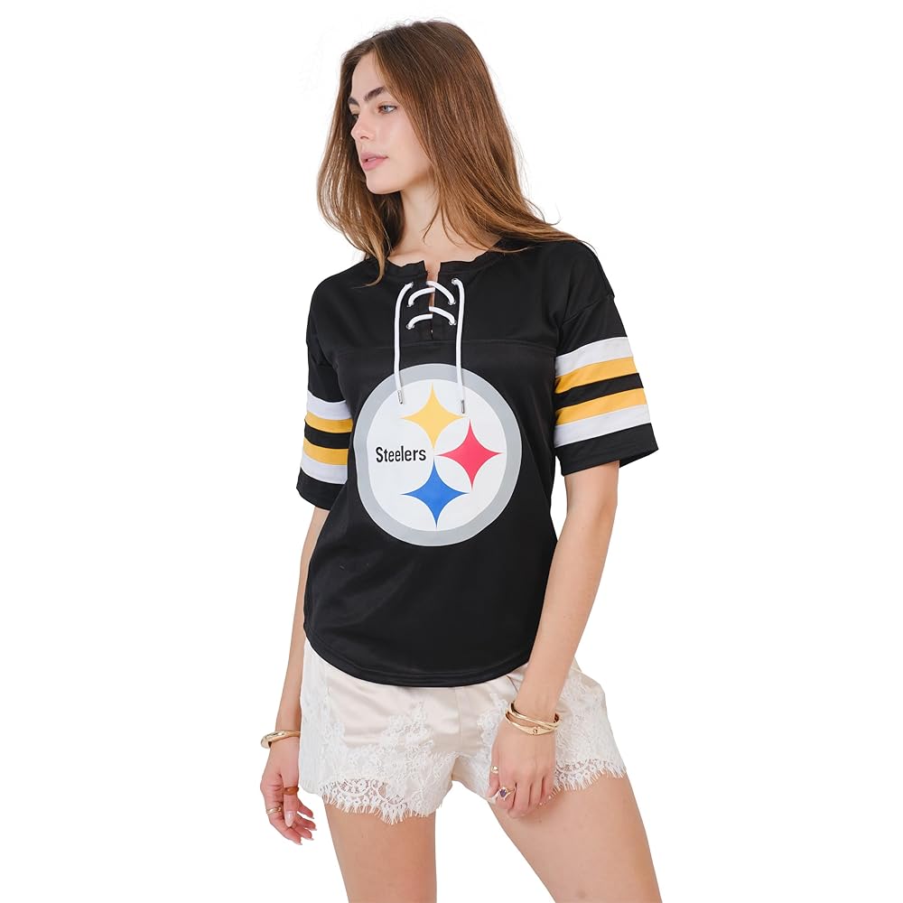 Ultra Game NFL Official Women\'s Lace Up Penalty Box Jersey T-Shirt, Pittsburgh Steelers, Team Color Updated, Small