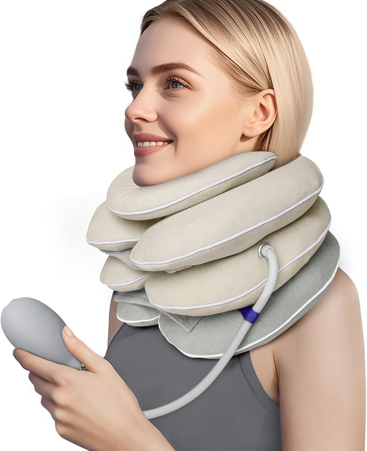 Neck Stretcher with Brace - Inflatable Cervical Traction Device for Neck Pain Relief, Adjustable Neck Decompression Tool with Breathable Fabric, Home Use Neck Traction Pillow Gray