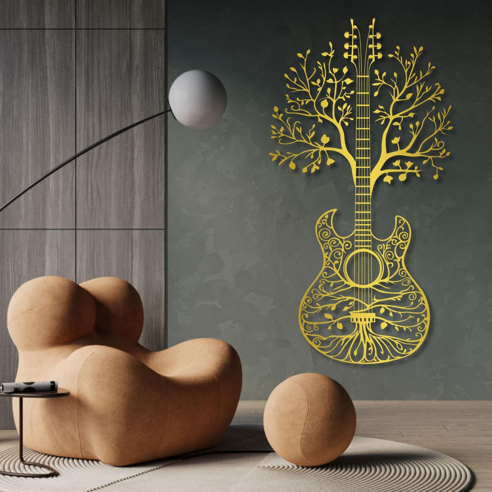 Arte murale in Metallo Nero Albero della Vita Chitarra Metal Musica Natura Studio Arte Decorazione murale Albero della Vita Chitarra Decorazione Scultura Moderna per Soggiorno Camera da Letto Corrido