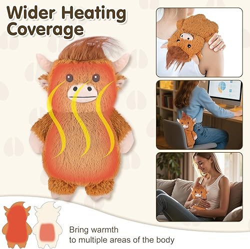 Vista 63 de Highland Cow Almohadillas térmicas para microondas para vientre, cuello y hombros, felpa calentable con calor húmedo, funda de felpa extraíble