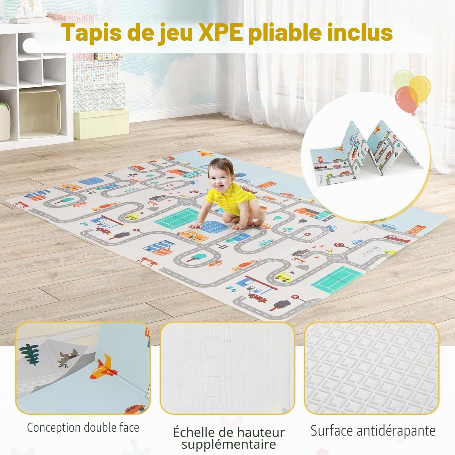 FANTASK Parc pliable pour bébé avec matelas 189 x 158 cm, parc avec 50 balles de jeu et 4 poignées, gris clair