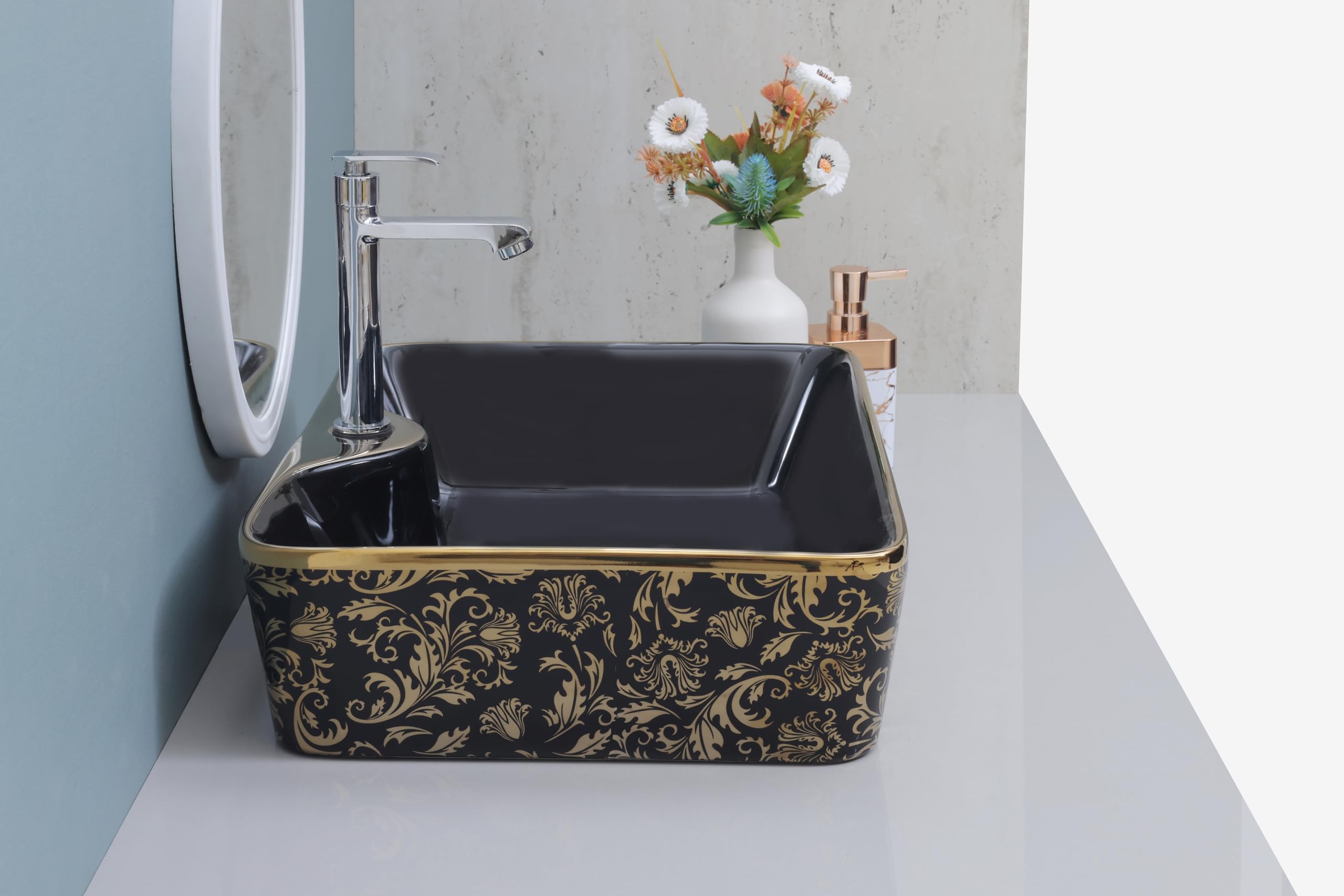 HISRE Ceramic Table Top Wash Basin (19x 14 x 5 IN), Luxrious Rectangle Over the Counter Glossy Wash Basin, European Style Designer Countertop Vessel Sink for Bathroom & Living Room (Black Gold), photo 3 of 4