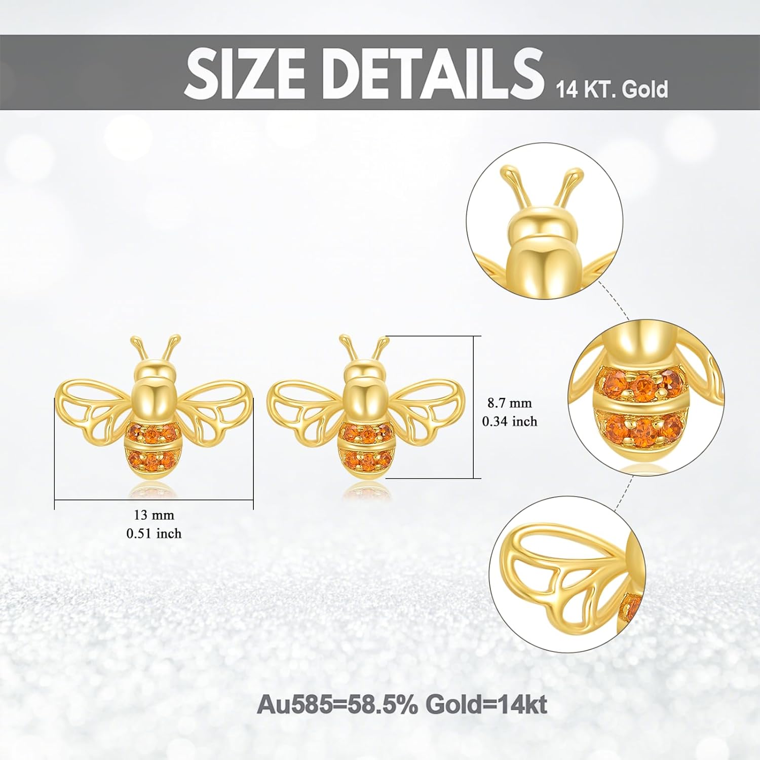 KECHO Bee Earrings 14k Solid Gold Cute Bumblebee Stud Earrings for Women Birthday Christmas Gifts - Image 4