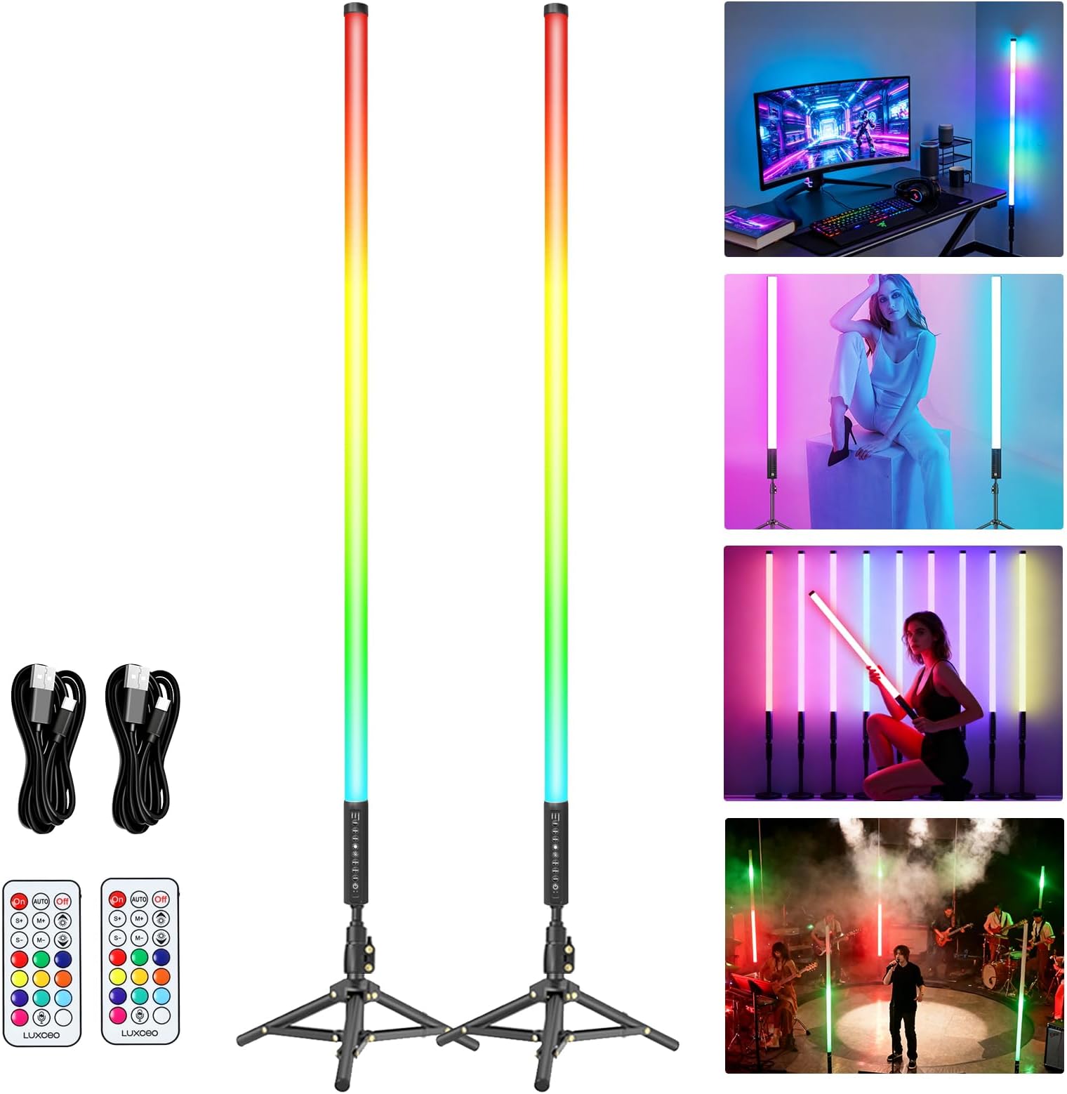 2 Pack 4ft Portable Battery Powered Tube Light 5000 mAh Handheld LED Tube Lights 120cm with Tripods, 500 Vivid Effects, for DJ Lighting, Dance, Photography, Light Painting, YouTube, Night Bar, Party