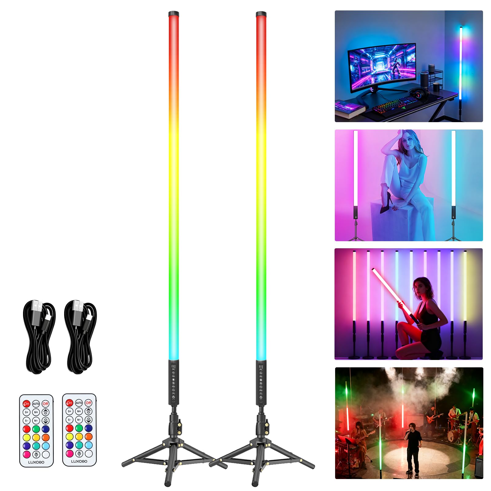 2 Pack 4ft Portable Battery Powered Tube Light 5000 mAh Handheld LED Tube Lights 120cm with Tripods, 500 Vivid Effects, for DJ Lighting, Dance,
