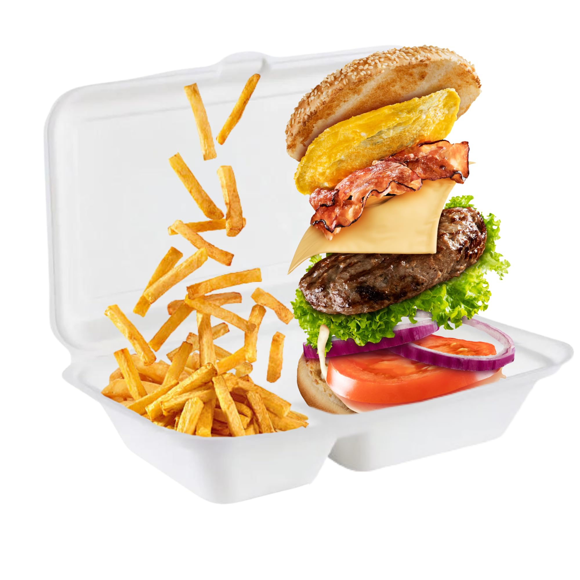 Caterco White Disposable Bagasse Clamshell Food Containers - 9 X 6 Inch 2 Compartment 200 Pack Biodegradable Sugarcane Container, Compostable, Eco-Friendly, Takeaway Boxes, 200 Pack, 9X6 Inch, 2 Compartment
