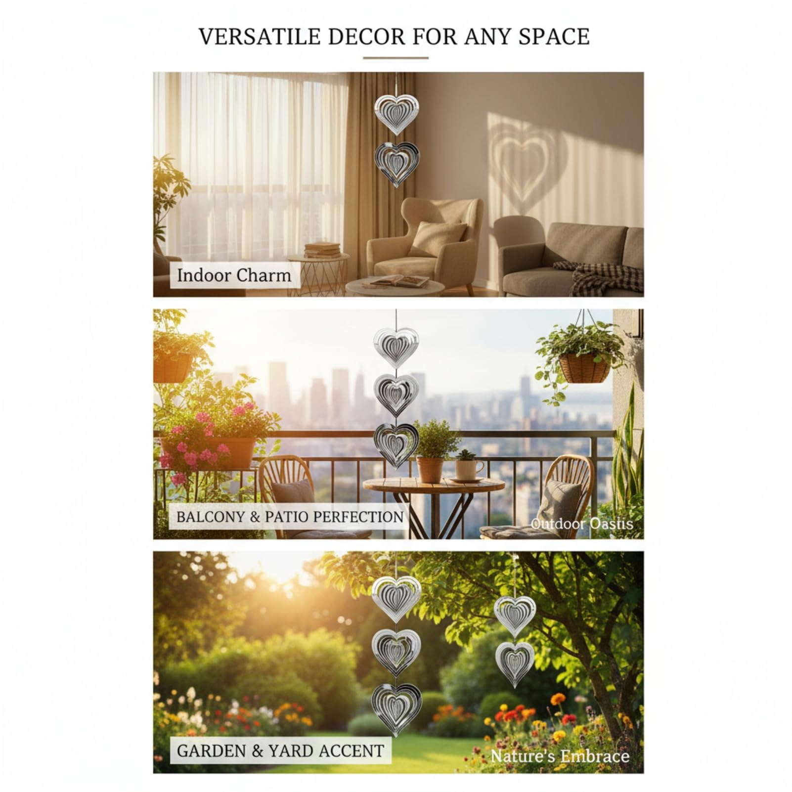 3D Stainless Steel Wind Spinner, Silver Reflective Heart Garden Ornaments Outdoor Indoor - Image 3