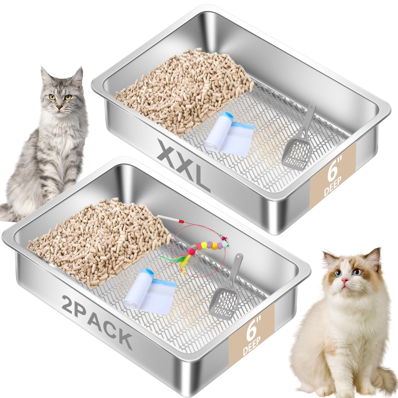 Amibud 2 Pack Stainless Steel Sifting Litter Box, Sifting Cat Litter Box for Wood Pine Pellets,Extra Large XL Sifter Litter Pan System with Litte Liners and Scoop-23.6''L x 15.7''W x 6''H
