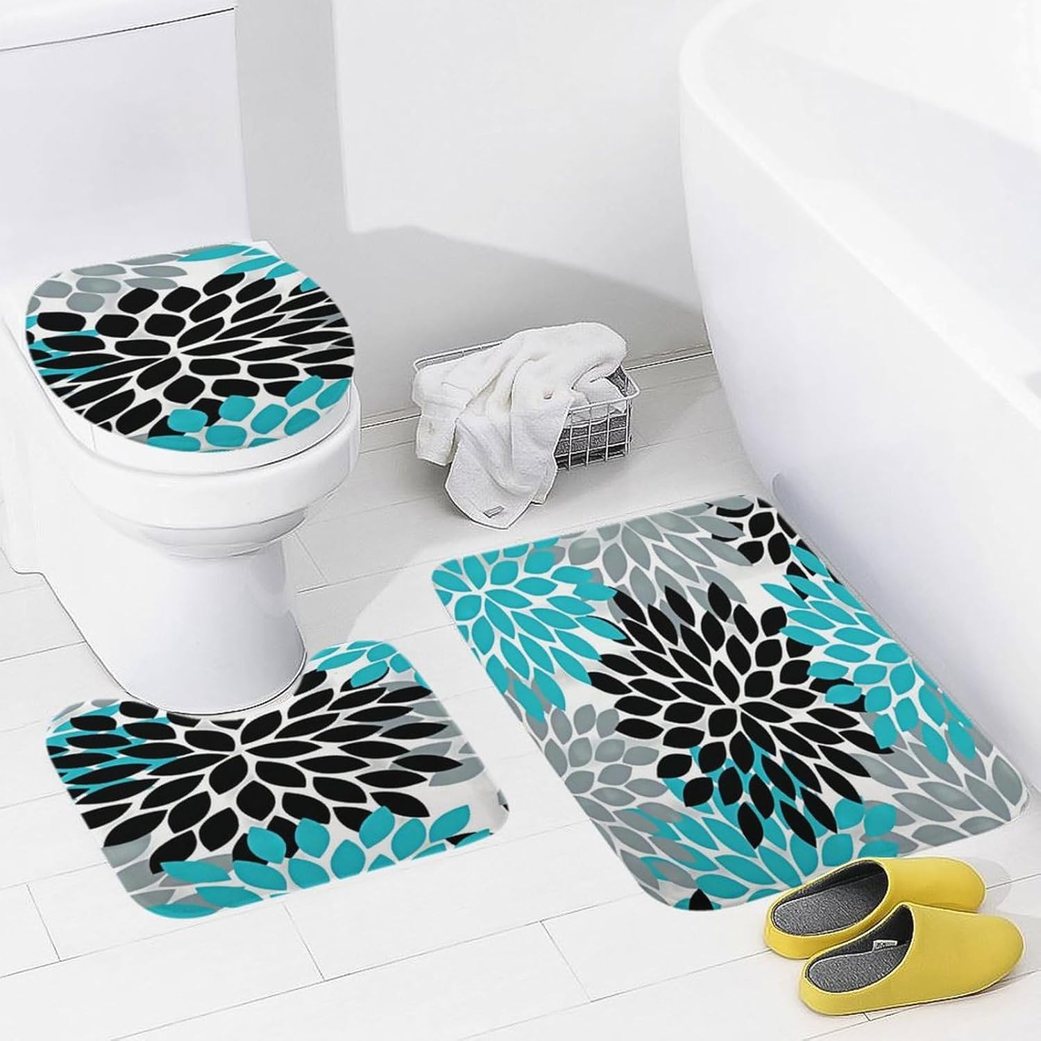 Dahlia Pinnata Flower Floral Blue White 3-Piece Bathroom Rug Set Non-Slip Toilet Mat Absorbent Bath Rug Set Shower Mat Bathroom Special.