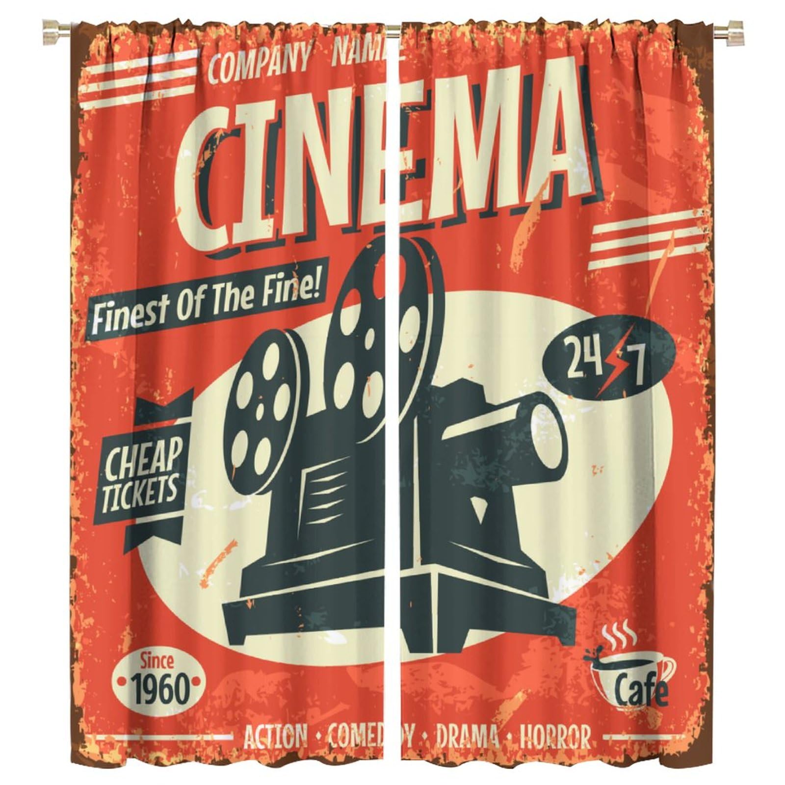 BenYaSong Movie Retro Cinema Blackout Window Curtain Film Vintage Camera Old Style Print Drapes for Home Kitchen Restaurant Decoration Window Curtain 2 Panels 55x63in