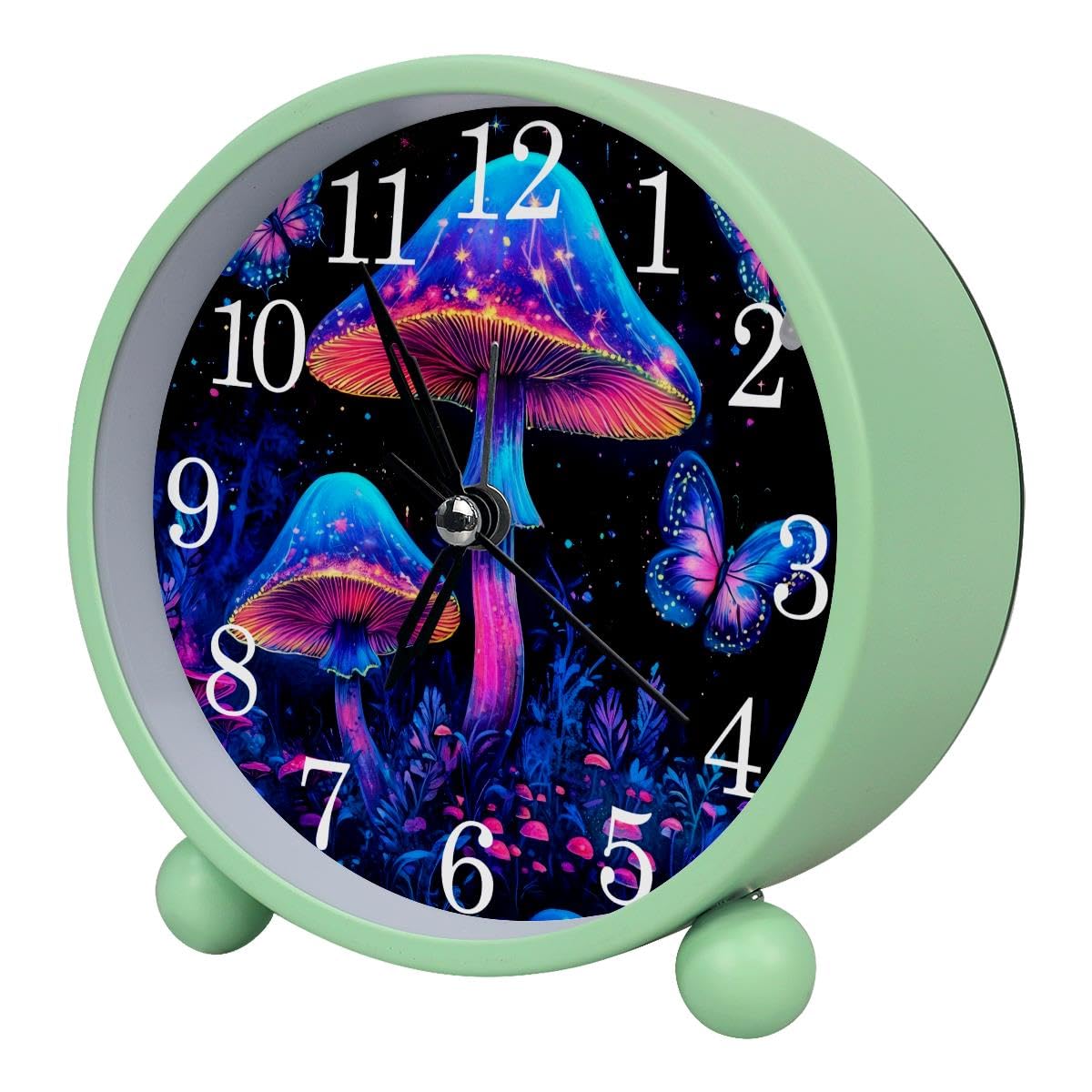 Luoweisi Alarm Clock Mushroom Butterfly, Silent Non-Ticking with Night Light, Round Metal Alarm Clock for Office, Battery Operated, Bedroom, Elderly, Adults, Children, Student Gifts
