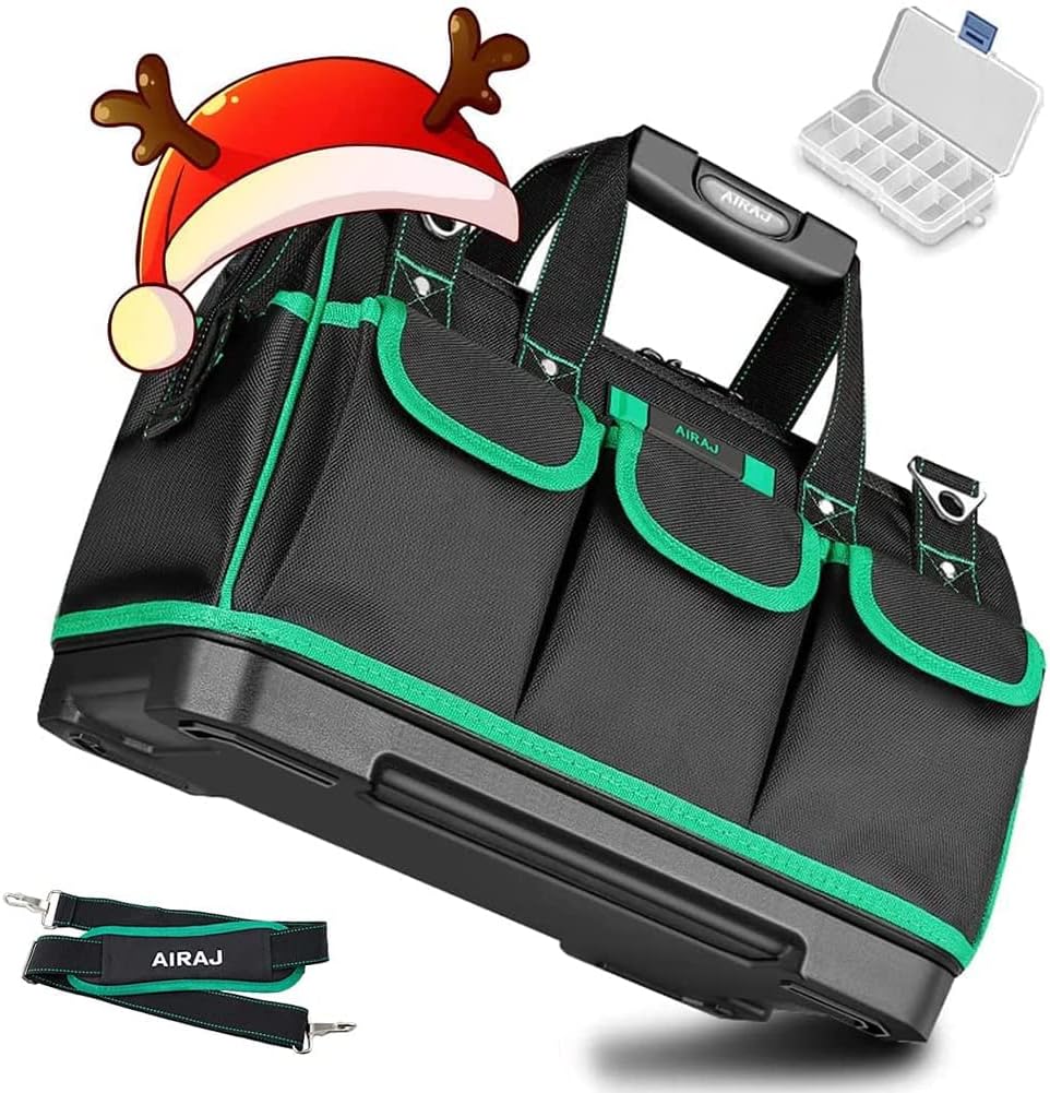 AIRAJ 16 Inch Tool Bag with Water Proof Molded Base,Wide Mouth Storage Bag,Multi-Pocket,Tool Bag Organizer with Adjustable Shoulder Strap,Portable Storage Bag,Green/Black : Tools & Home Improvement