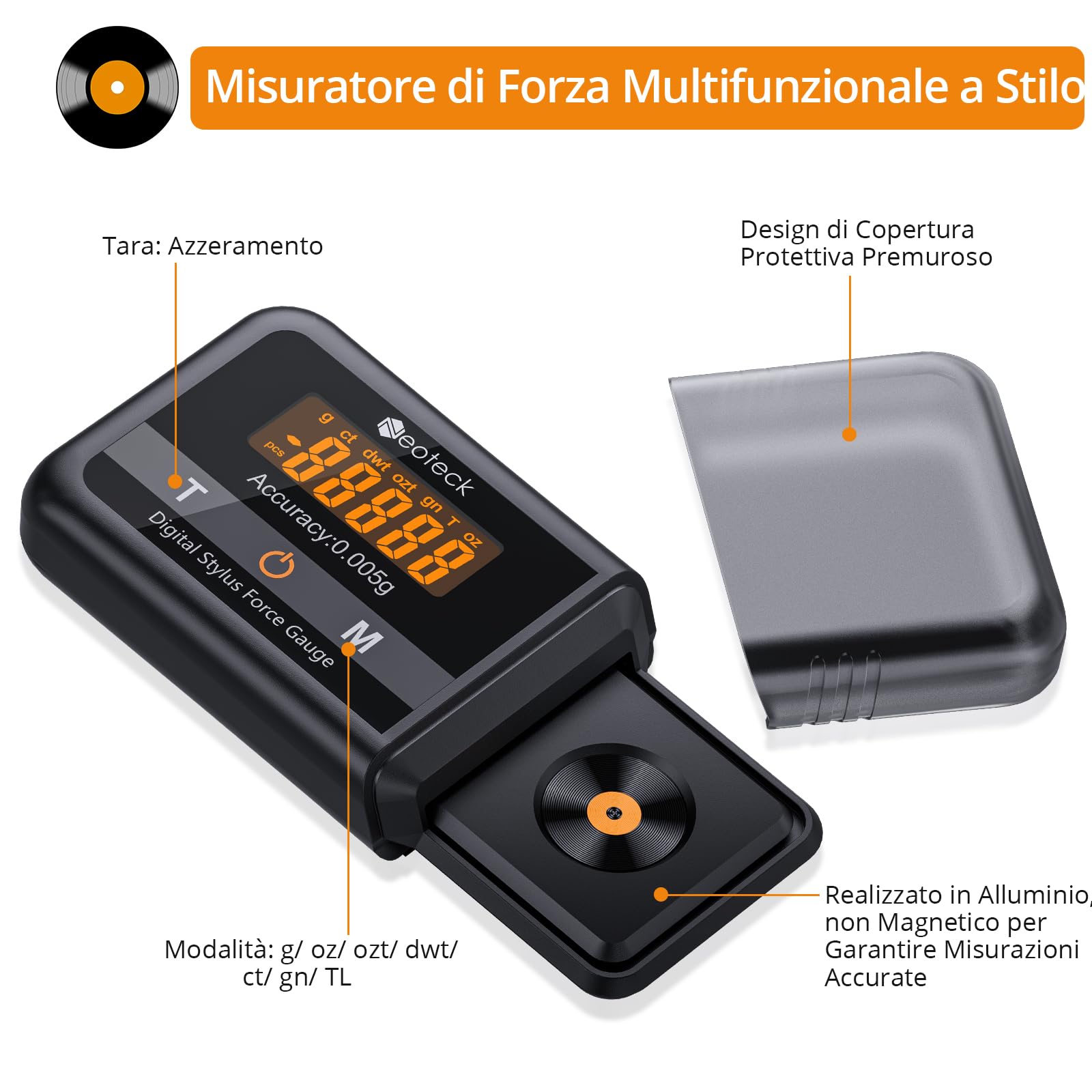 Bilancia Di Precisione Per Forza Stilo Giradischi - Tester LCD 100g, Risoluzione 0.005g, Retroilluminazione Arancione