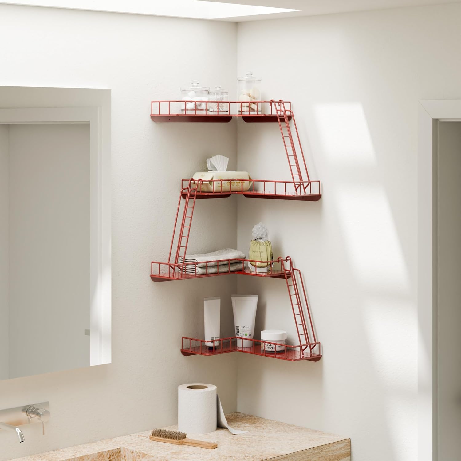 Fire Escape Wall Shelf - Modern City Style 4-Tier Corner Wall Shelves, Easy to Install Metal Ladder Shelf for Figures, New York Decorative Shelves for Bathroom, Living Room & Home Decor, Red