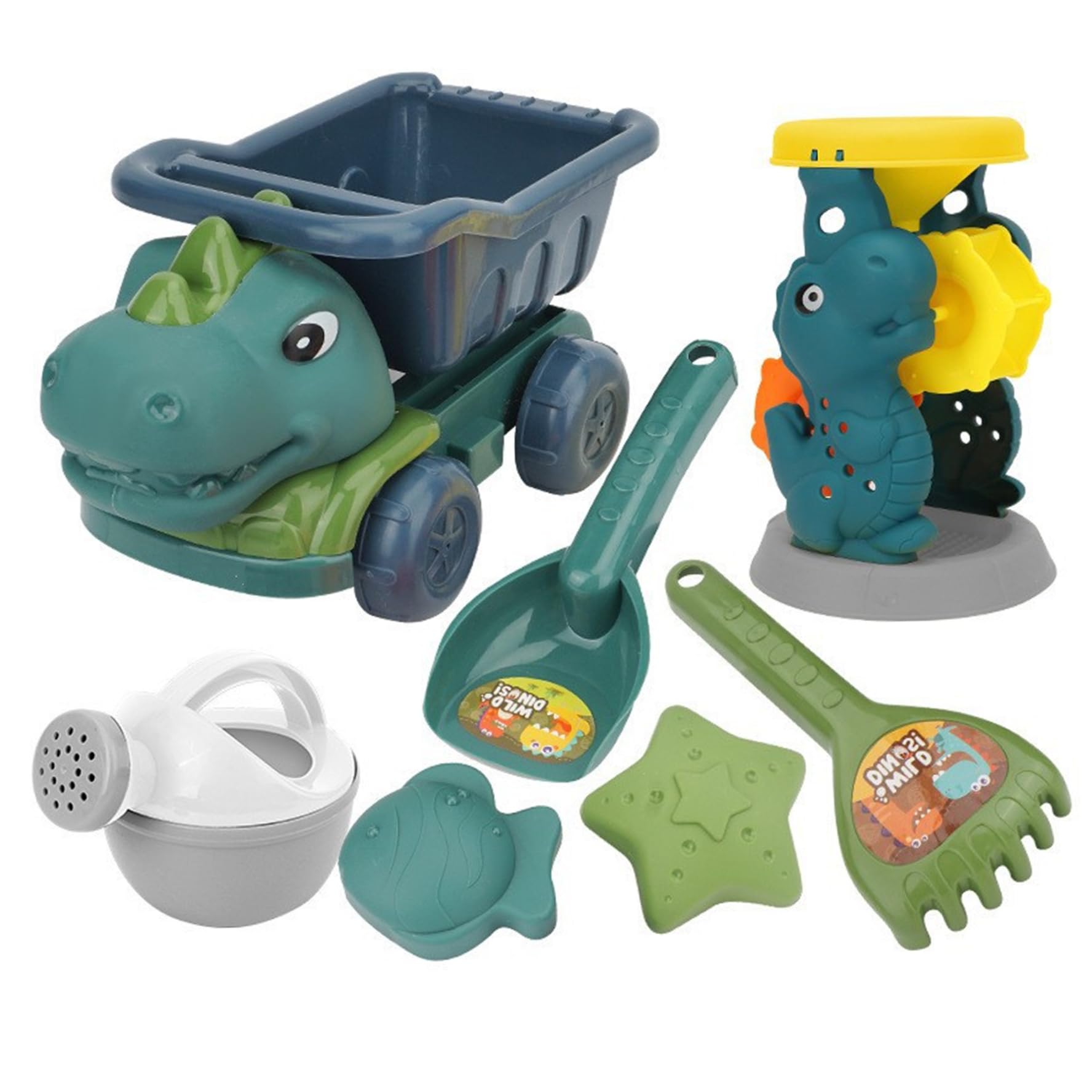 Dinosaurier-Sandspielzeug, Dinosaurier-Strandspielzeug-Set, 7-teiliges Sandspielzeug mit LKW, Sanduhr, Schaufeln und Formen für Kinder zum Spielen im Freien