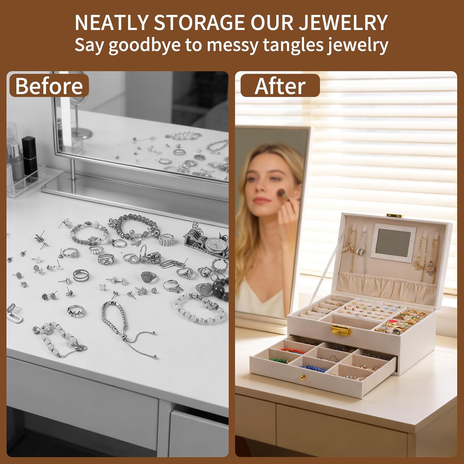 Jewelry Box, 2 Layer Jewelry Organizer with Velvet Earring Organizer, Jewelry Holder Organizer Travel, White Jewelry Boxes for Women, Jewelry Boxes & Organizers for Girls, Christmas Gifts - Image 4