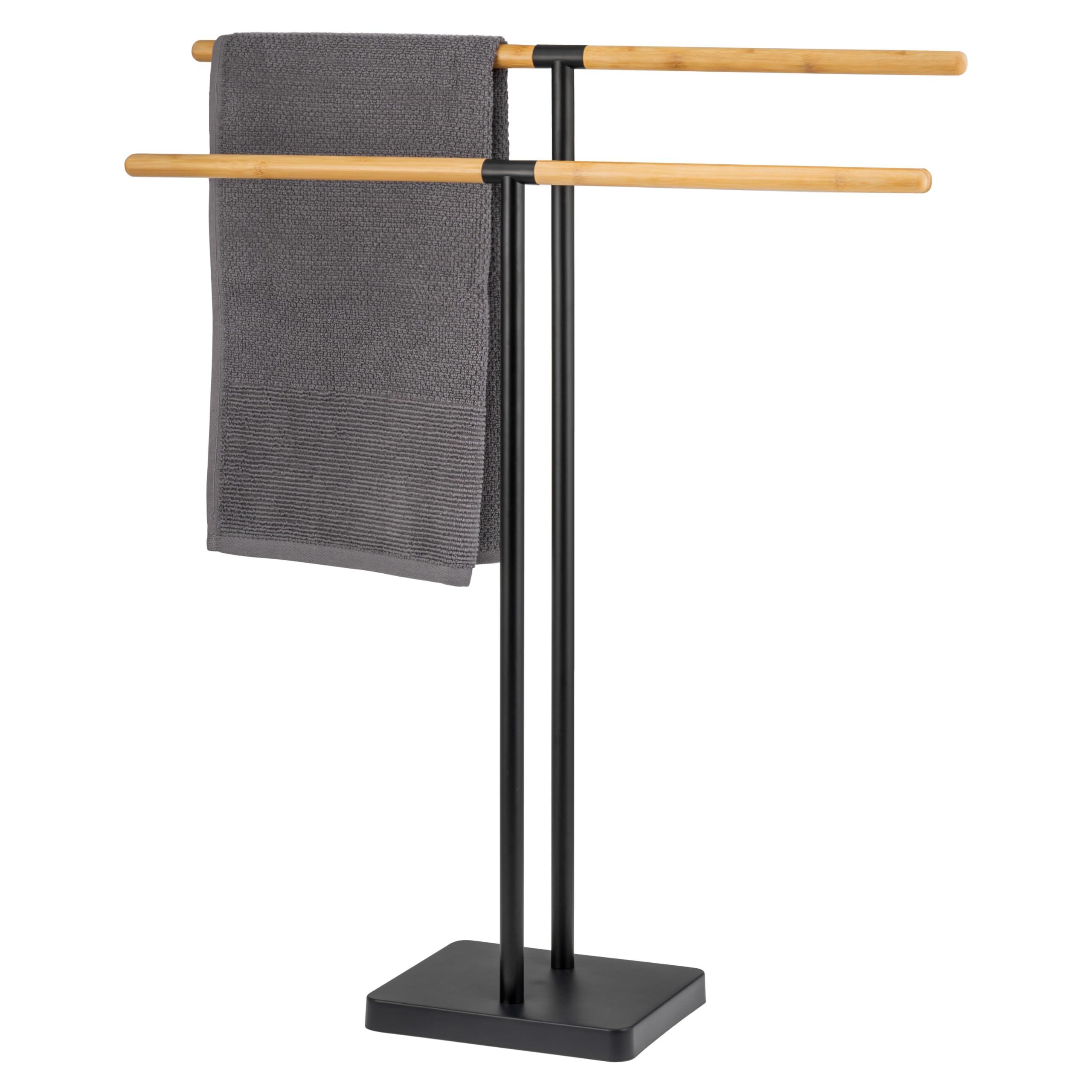 Eluno Black Freestanding 2 Bar Towel Rail Stand Bamboo Metal (Black)