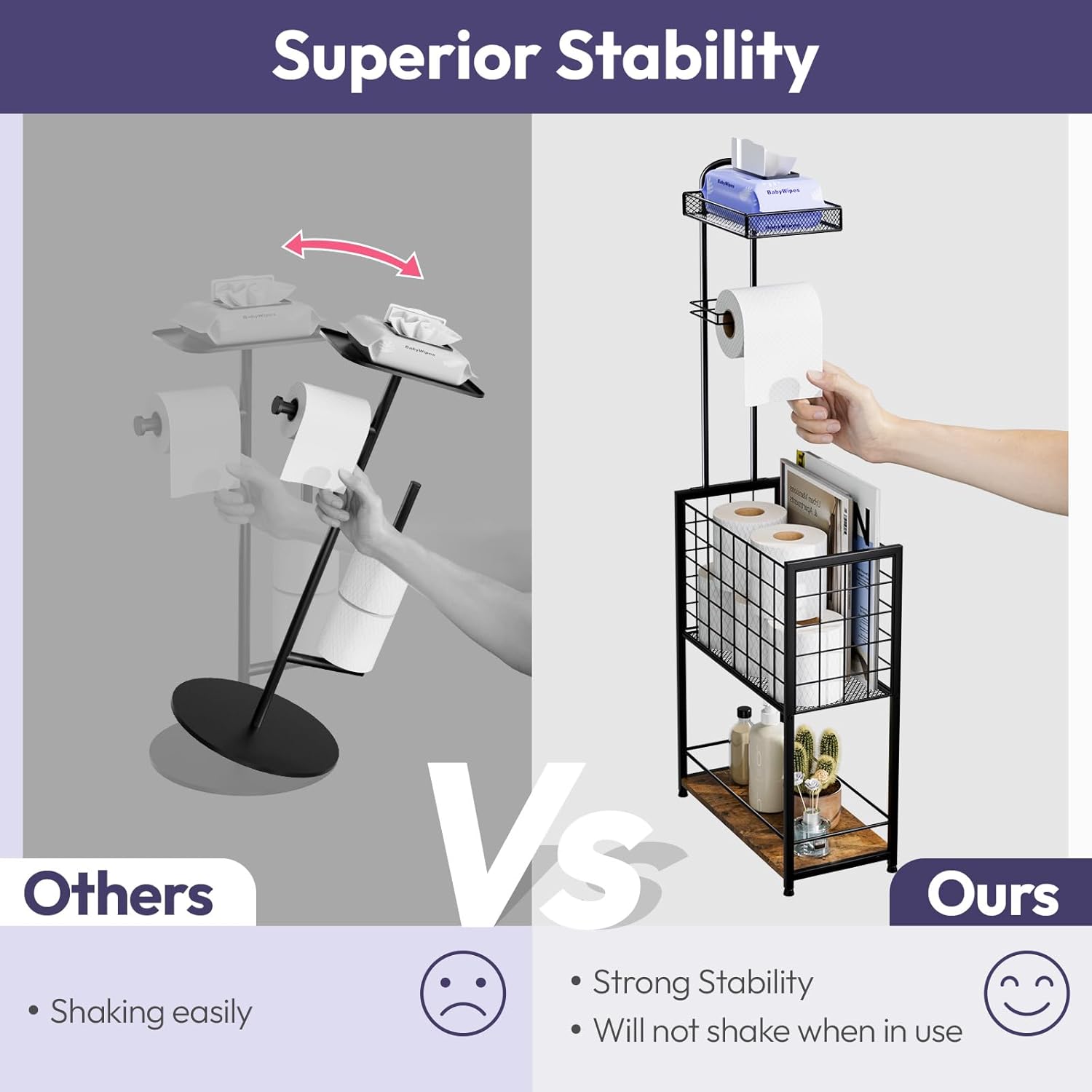 SWTYMIKI Freestanding Toilet Paper Holder - 4-Tier Free Standing Toilet Paper Holder Stand with Large Basket, Stand Mega Roll Storage Rack for Extra Rolls, Magazines, Wet Wipes, Black