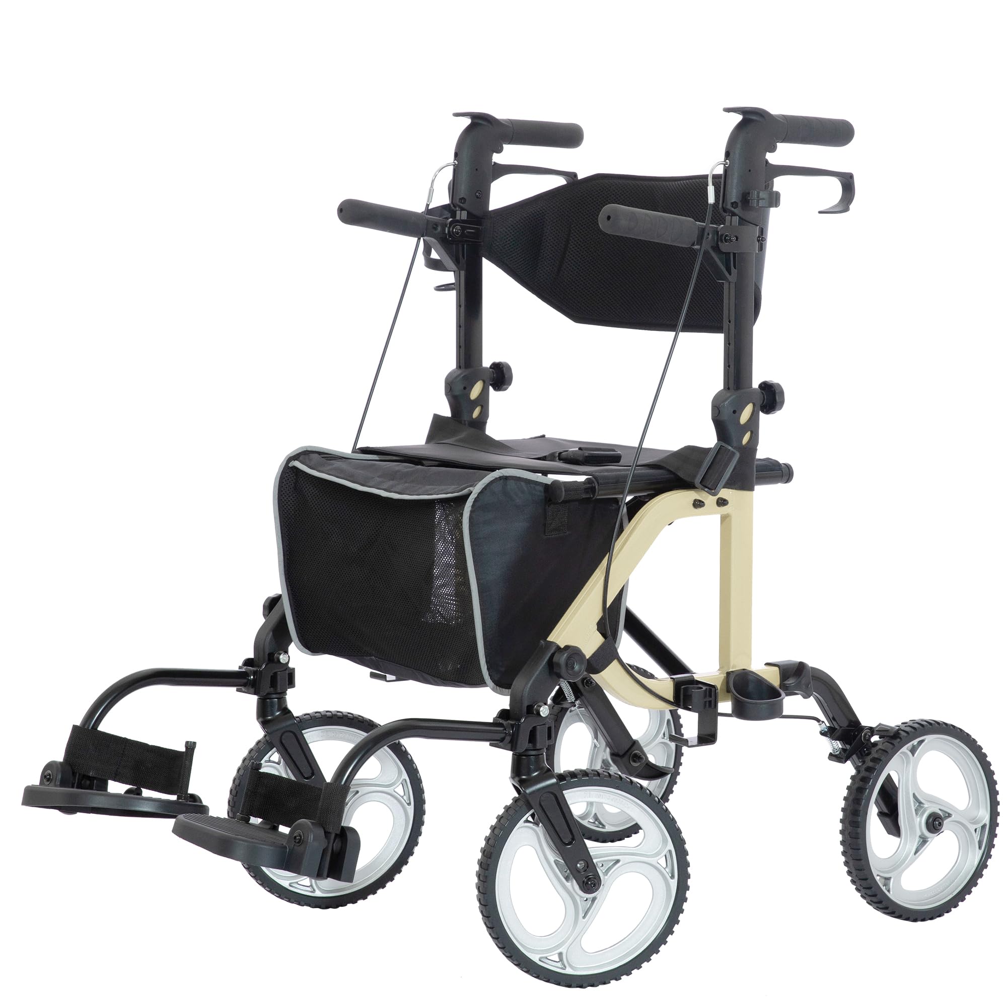 ELENKER 2 in 1 Rollator Walker & Transport Chair, Folding Wheelchair with 10” Non-Slip Wheels for Seniors, Reversible Backrest & Detachable Footrests, Champagne