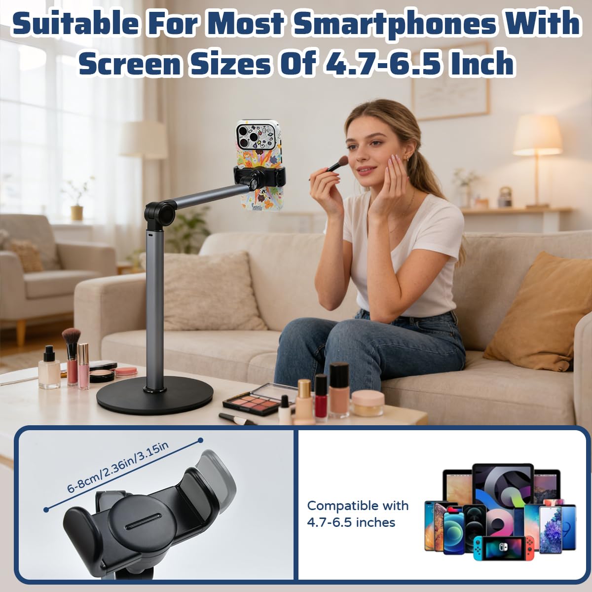 Supporto da Tavolo per Telefono Cellulare Supporto per Telefono con Braccio Telescopico e Rotazione di 360° PortaCellulare per Video con Robusta Base per Riprese Fotografiche Piatte Livestream