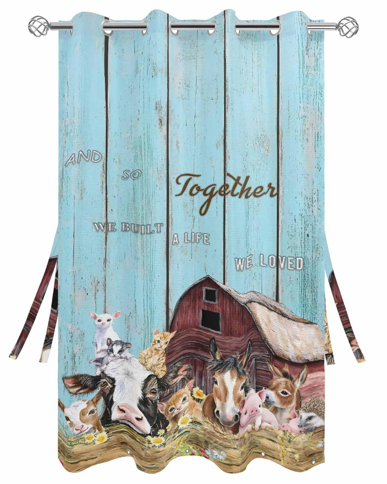Lsrtoss Farmhouse Animals Outdoor Curtains for Patio Waterproof, Pig Cow Retro Farm Blue Wood Grain Outdoor Privacy Panels Grommet Sun Blocking Outside Curtains for Porch, Pool, 54W x 95L inch