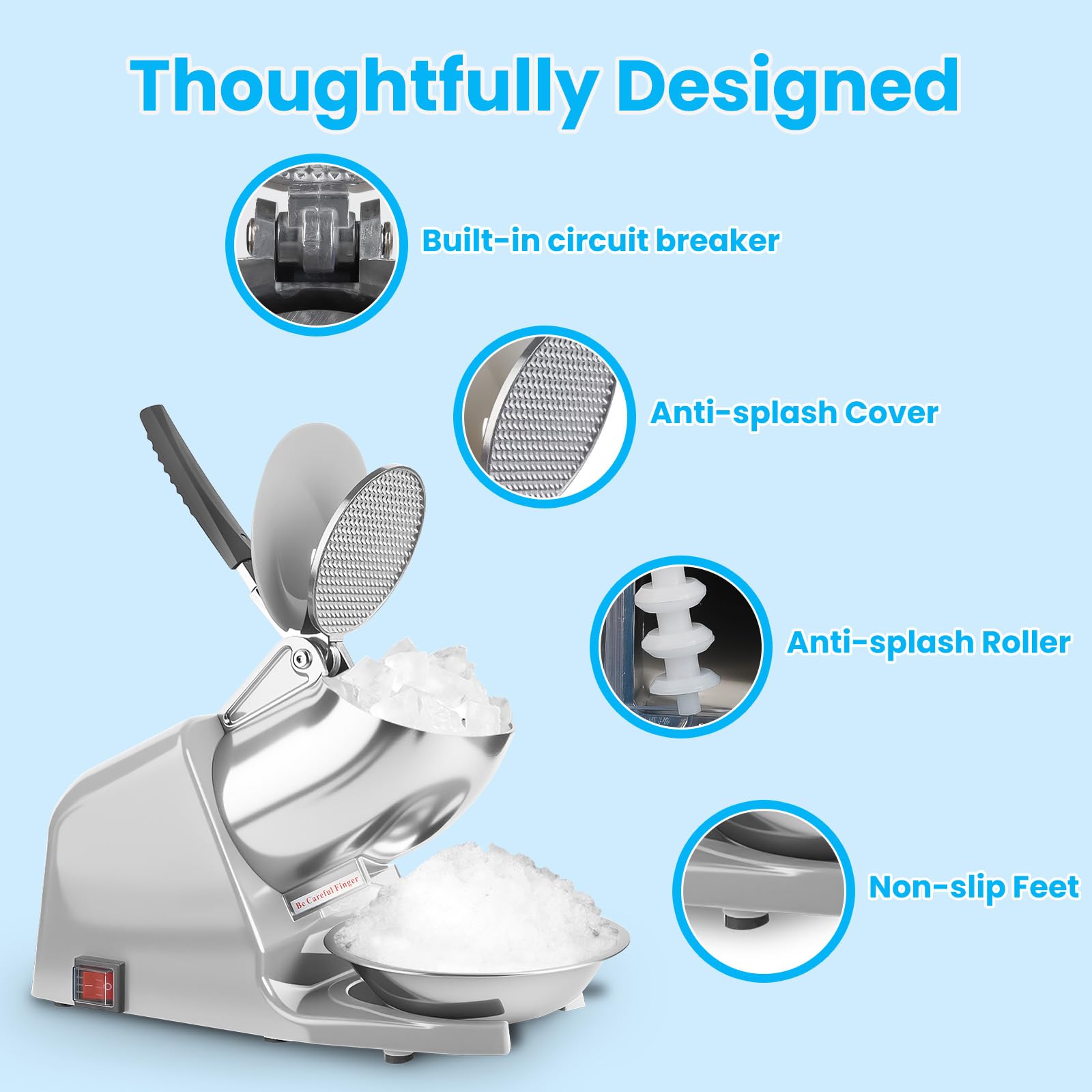 Trituradora de hielo eléctrica de doble cuchillas de 143 libras/hora, trituradora de hielo de 300 W, máquina de afeitar de hielo de 2200 RPM con cuchilla adicional y picador de hielo para uso 5