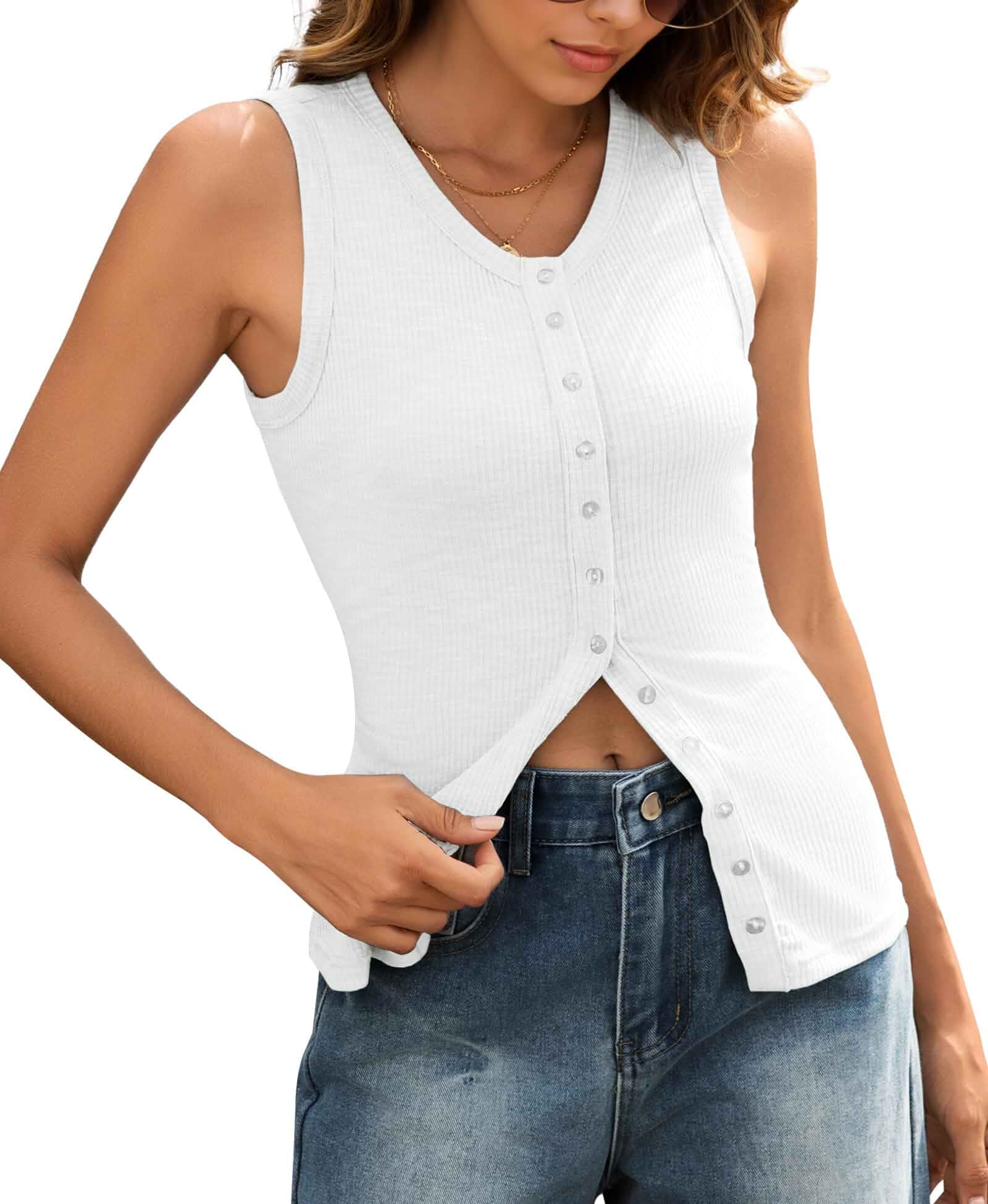 Ribbed Tank Tops for Women - Sleeveless Blouse Crew Neck Button Down Vest Shirts Slim Fit Summer Casual Basic Top Sleeveless