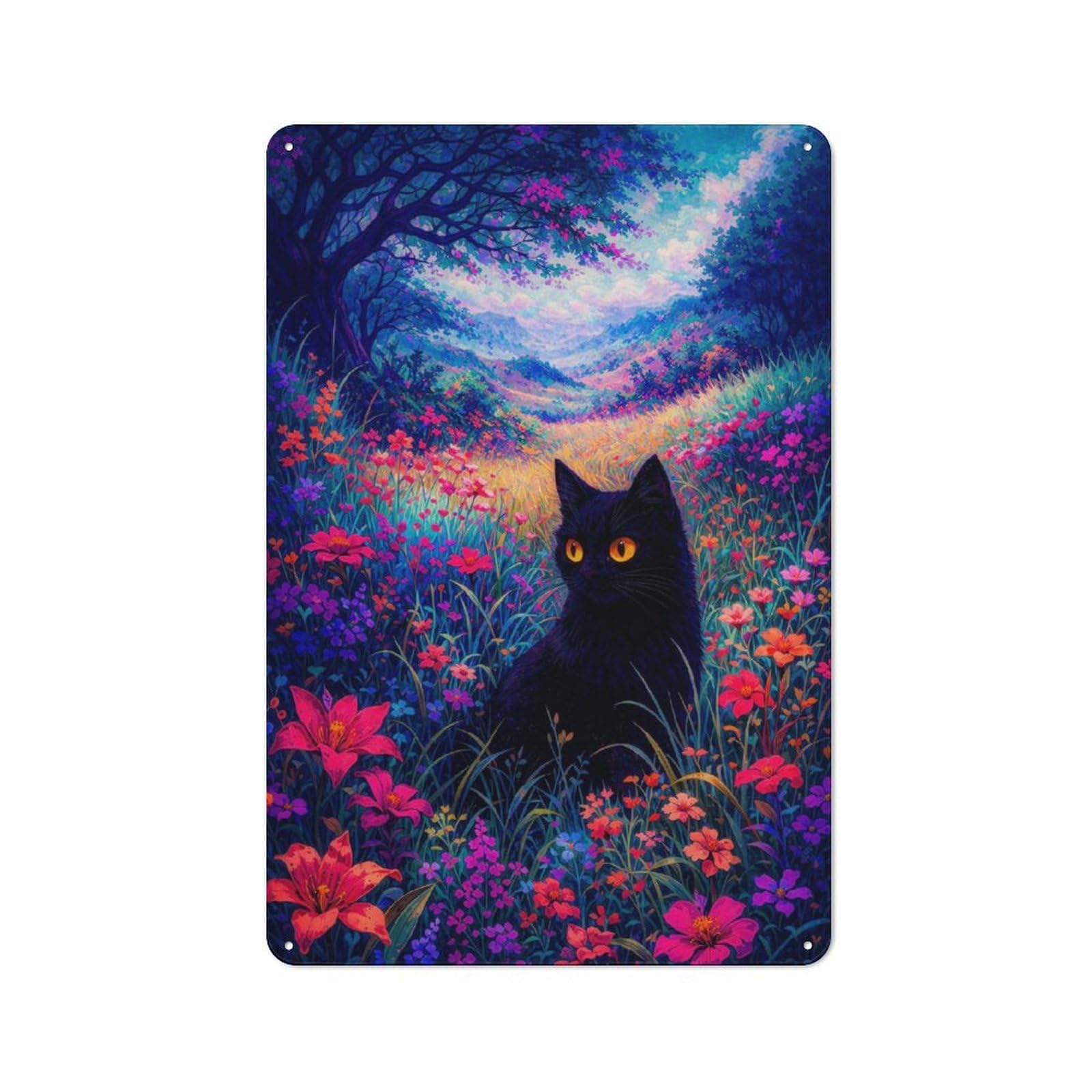 Junmoney Style-21 Vintage Metal Plaque 30X20cm Featuring Black Cat In A Vibrant Flower Field, Diner Style Decor For Restaurant, Kitchen, Counter Or Breakfast Nook