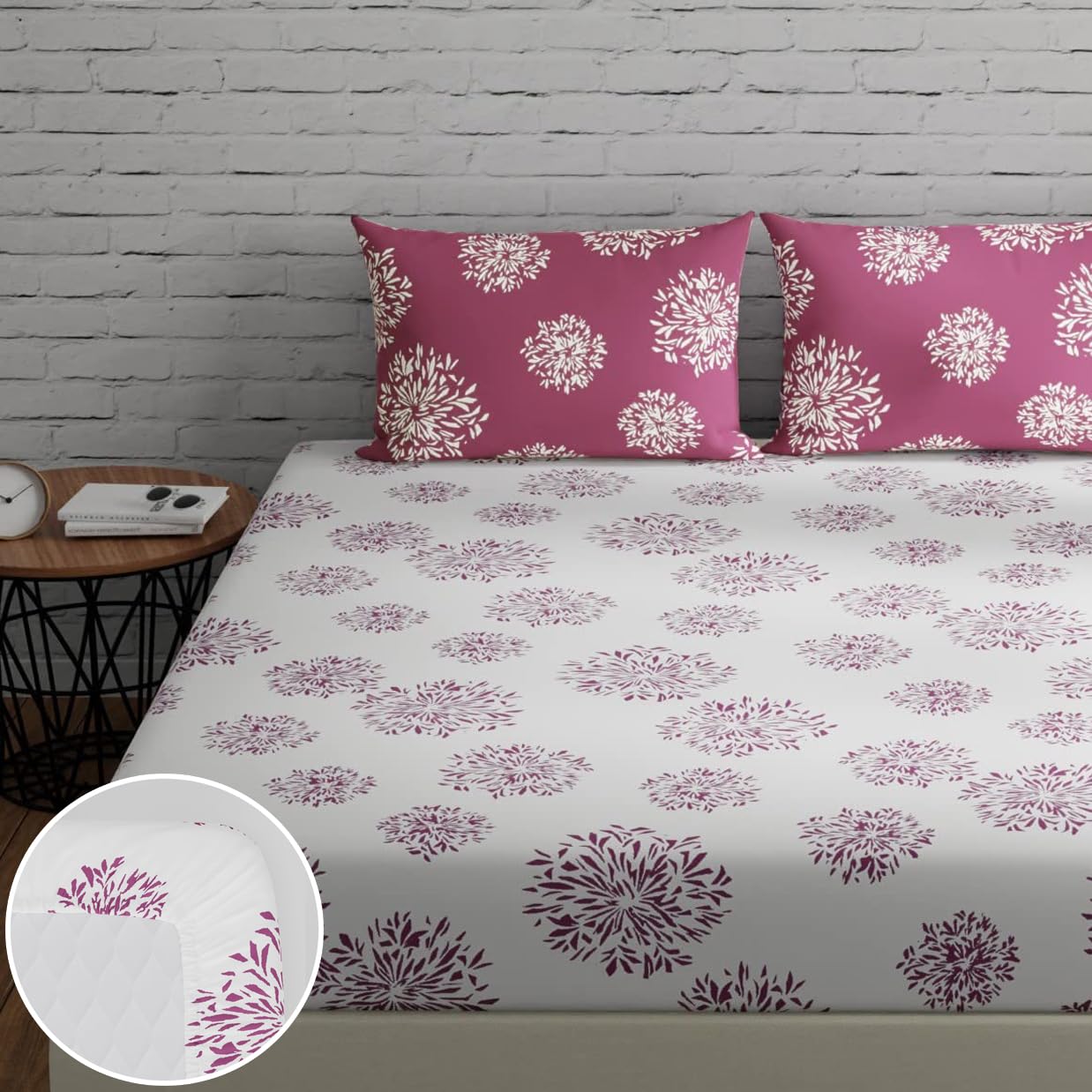 Huesland by Ahmedabad Cotton 144 TC Elastic Fitted Bedsheet Queen Size Cotton with 2 Pillow Covers - Color | 5ft x 6.5ft | White & Mauve