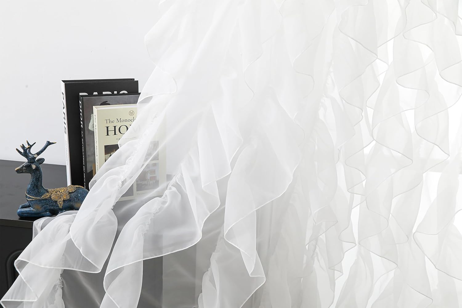 Cascade Farmhouse Shabby Chic Sheer Voile Vertical Ruffled Waterfall Window for Bedroom Living Room Curtain Panel 2 Panels (White, 50"×63")