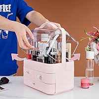Vista 4 de Nervure Organizador de maquillaje rosa, caja de almacenamiento de cosméticos con tapa, organizador de maquillaje con cubierta libre de polvo y asa