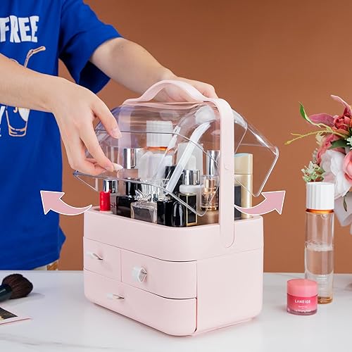 Miniatura 4 de Nervure Organizador de maquillaje rosa, caja de almacenamiento de cosméticos con tapa, organizador de maquillaje con cubierta libre de polvo y asa