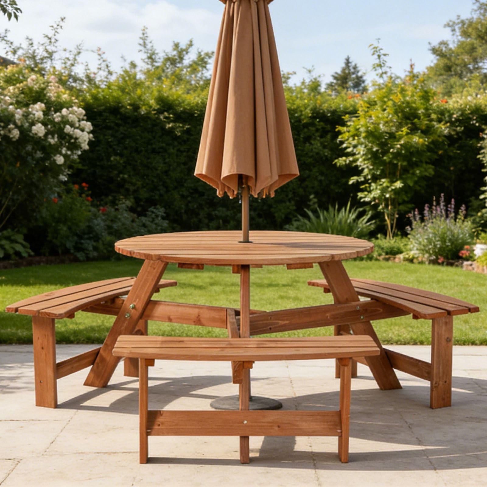 BIRCHTREE Outdoor Wooden Picnic BBQ Round Table Bench Garden Patio Deck Pub Chair 6 Seats Garden Patio Home Park Furniture Fir Wood Brown New - Image 4