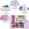 HOMASIS Corner Children's Wooden Play Kitchen with Light Sound & Steam Includes 16 Accessories Toy Kitchen with Sink Stove Oven Microwave Ice Maker Fridge Board Kitchen Play Set for Ages 3 and Up (Pink)