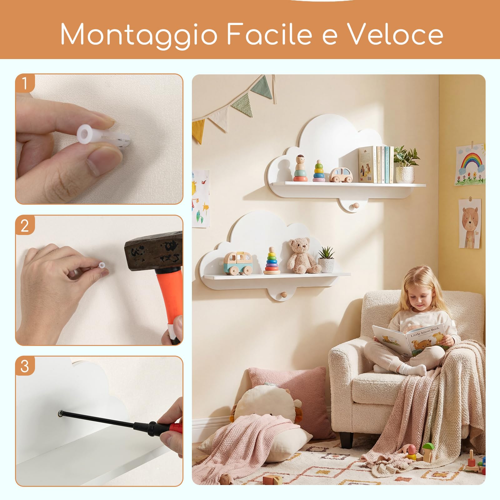COSTWAY Set di 2 Mensole da Muro per Bambini, Libreria a Nuvole in Legno Massello con Ganci, Bianco