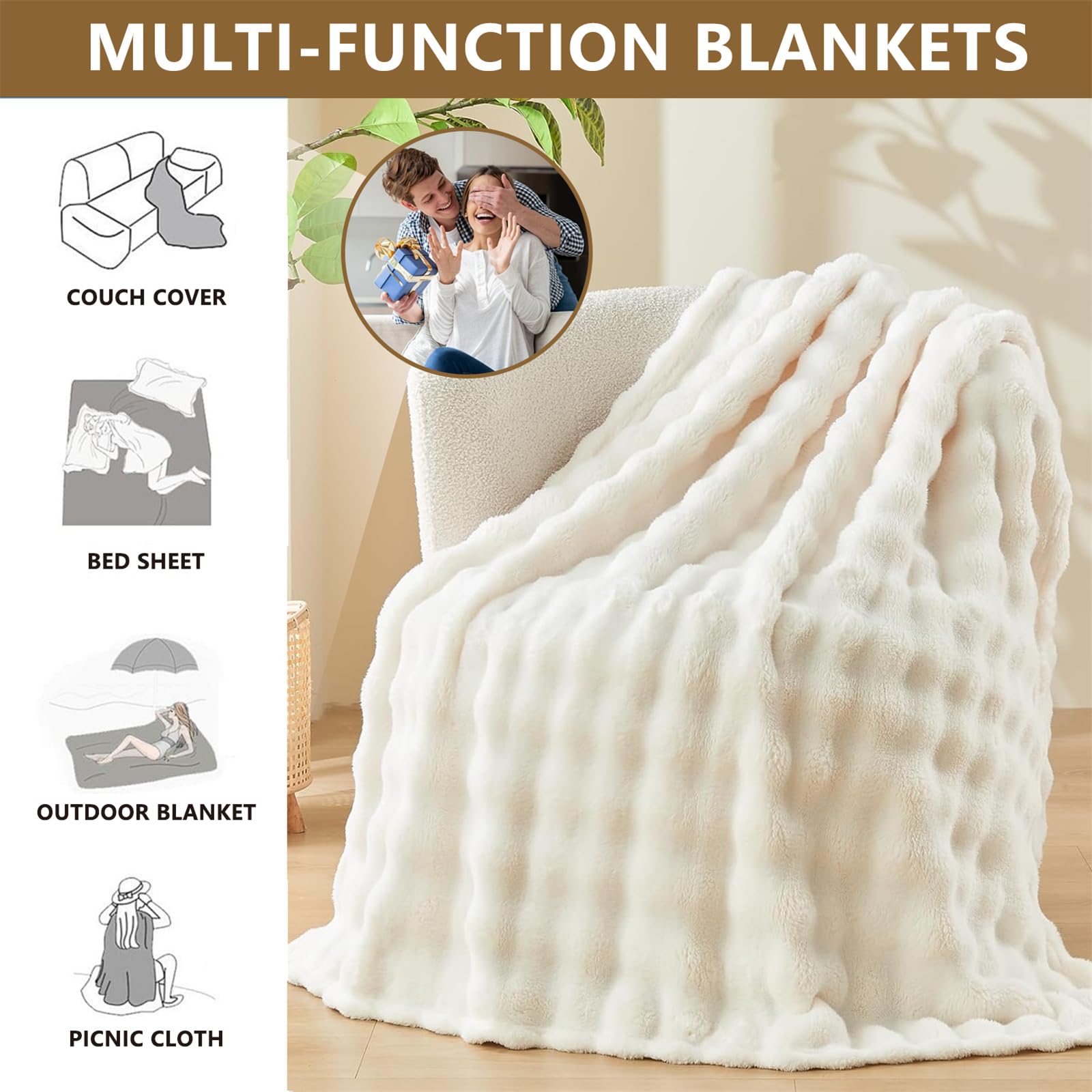LINGKY Fleece Throw Blanket White Bubble Faux Fur Fluffy Bed Blanket Super Cosy Warm Large Blanket for Bed Sofa Couch Home Decor 100x160cm - Image 3