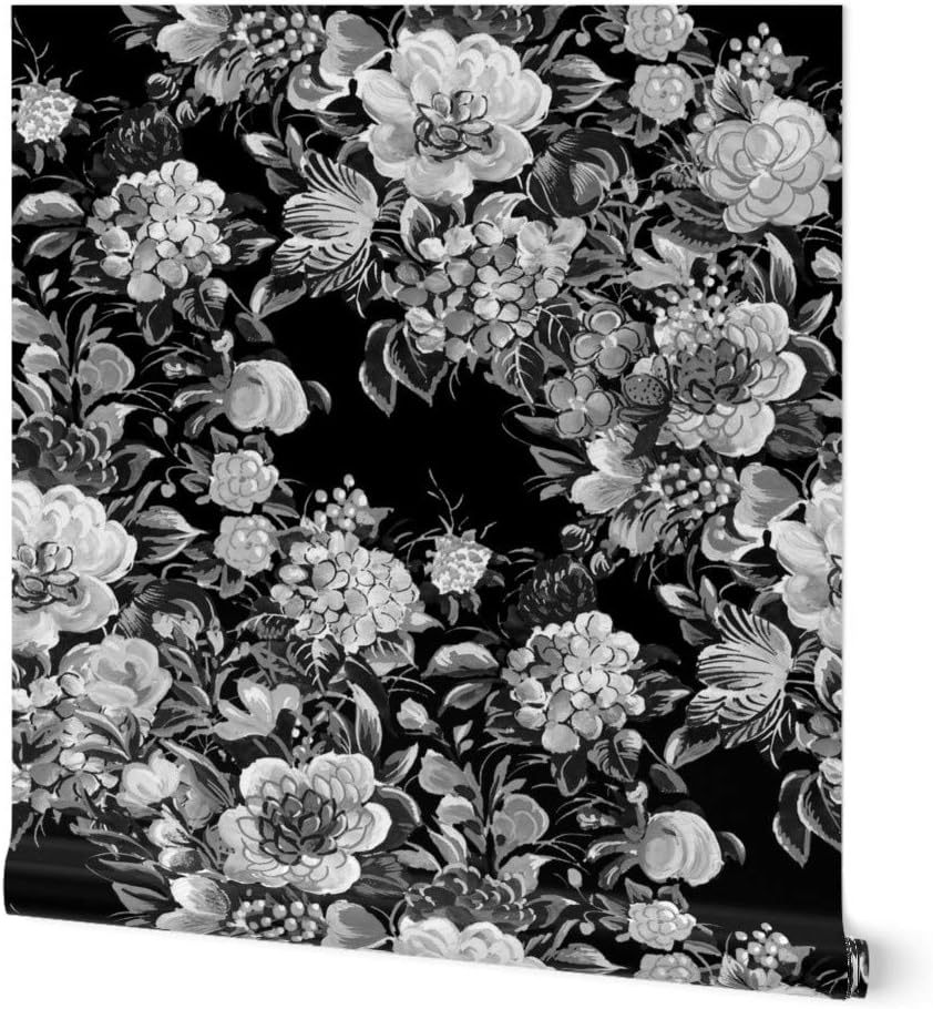Peel & Stick Wallpaper 3ft x 2ft - Mid Century Modern Flowers Cocktail Midnight 1950S Floral Black Custom Removable Wallpaper by Spoonflower