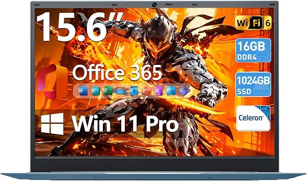 15.6 Inch Laptop, Windows 11 Laptops with Office 365, 16GB RAM 1024GB SSD, Celeron Quad-Core, 180° Lay-Flat Display, 7000mAh Battery, Full-Featured Type-C, Business Student Notebook - 1