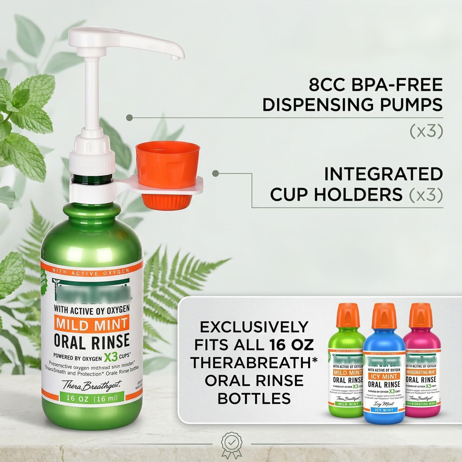 [Upgraded 3 Pack] Mouthwash Dispenser Pump with Cup Holder Set for TheraBreath 16 Fl Oz Mouthwash Oral Rinse, Fits ICY Mint, Mild Mint, Whitening, Anticavity, Kids, Alcohol-Free, etc. image 3