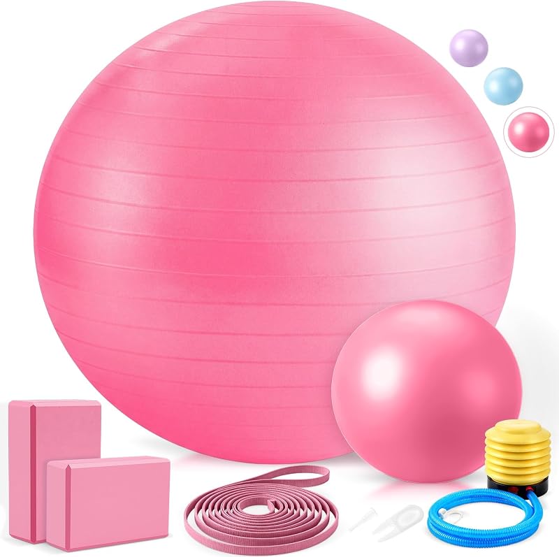 6-in-1 Yoga Balls and Yoga Block Set with Strap Foot Pump, Exercise Pregnancy Balls for Birthing, Pilates Kit Fitness Physical Therapy Home Gym Workout Equipment